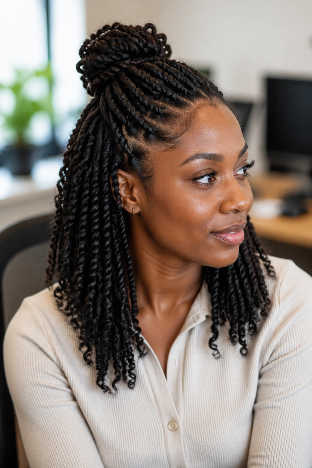 Close-up portrait of a real woman with half-up half-down twists.