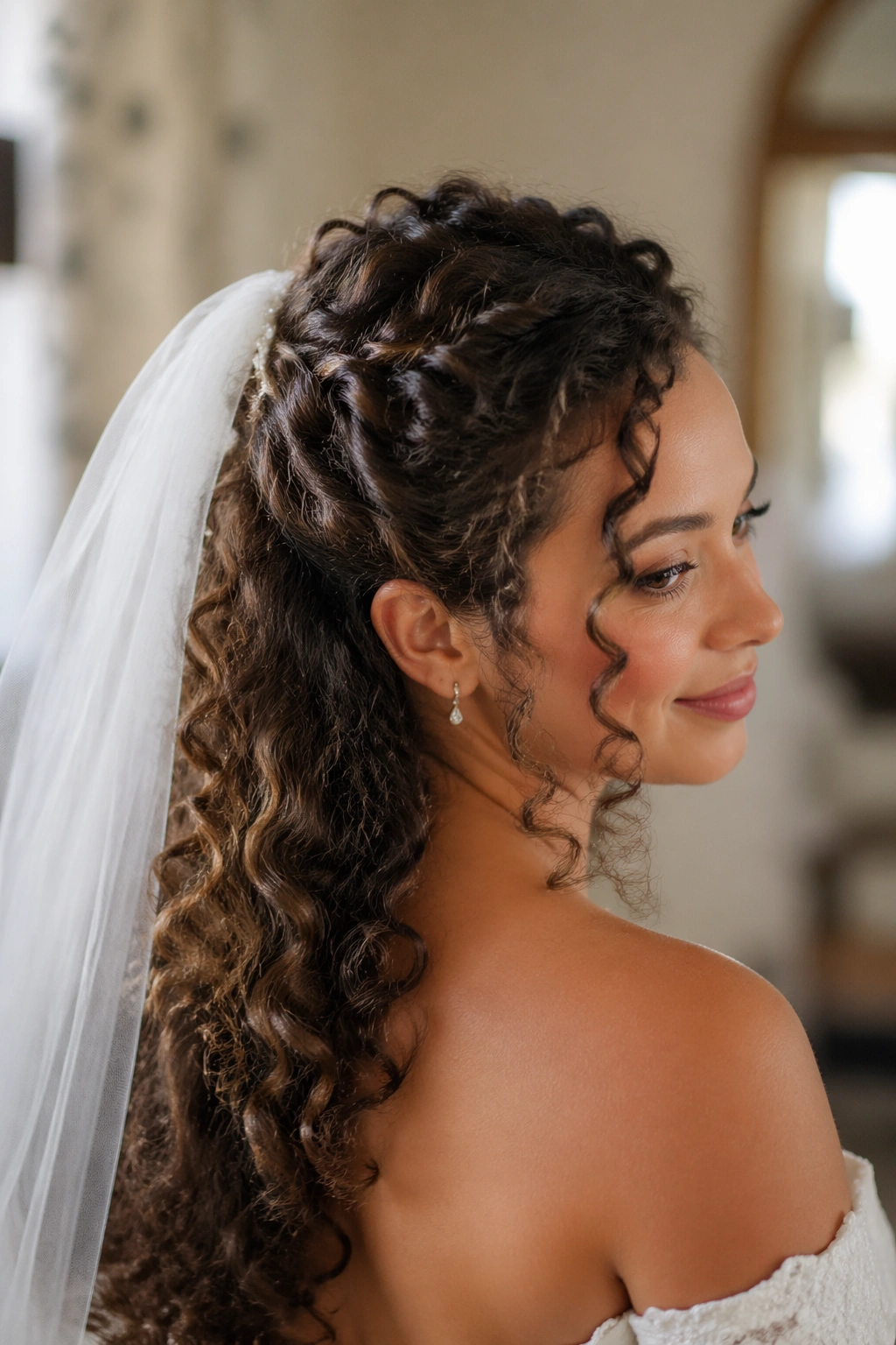 Bride in half-up hairstyle with a hidden veil comb anchoring the crown twist
