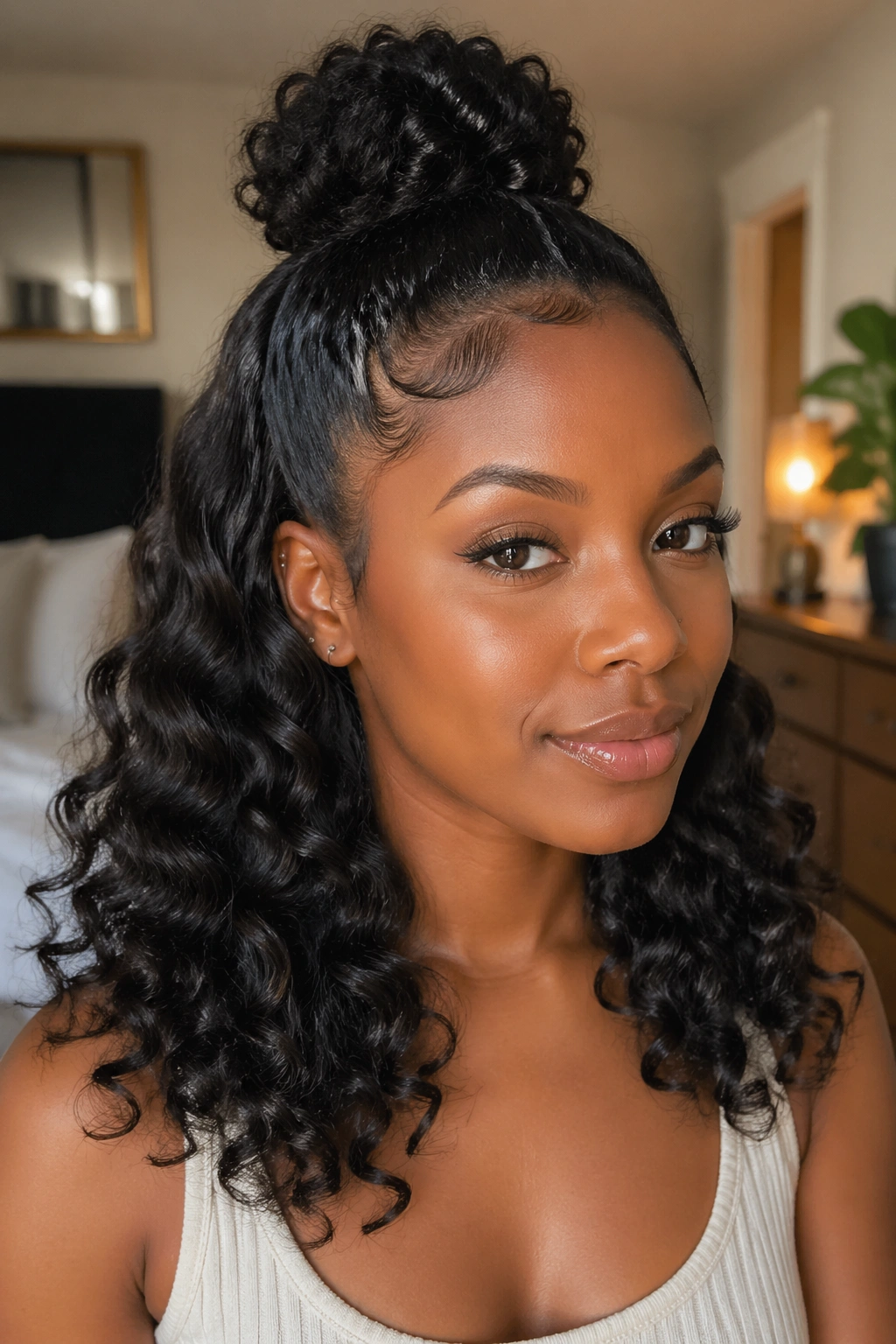 Close-up of a real woman with half-up wand curl updo