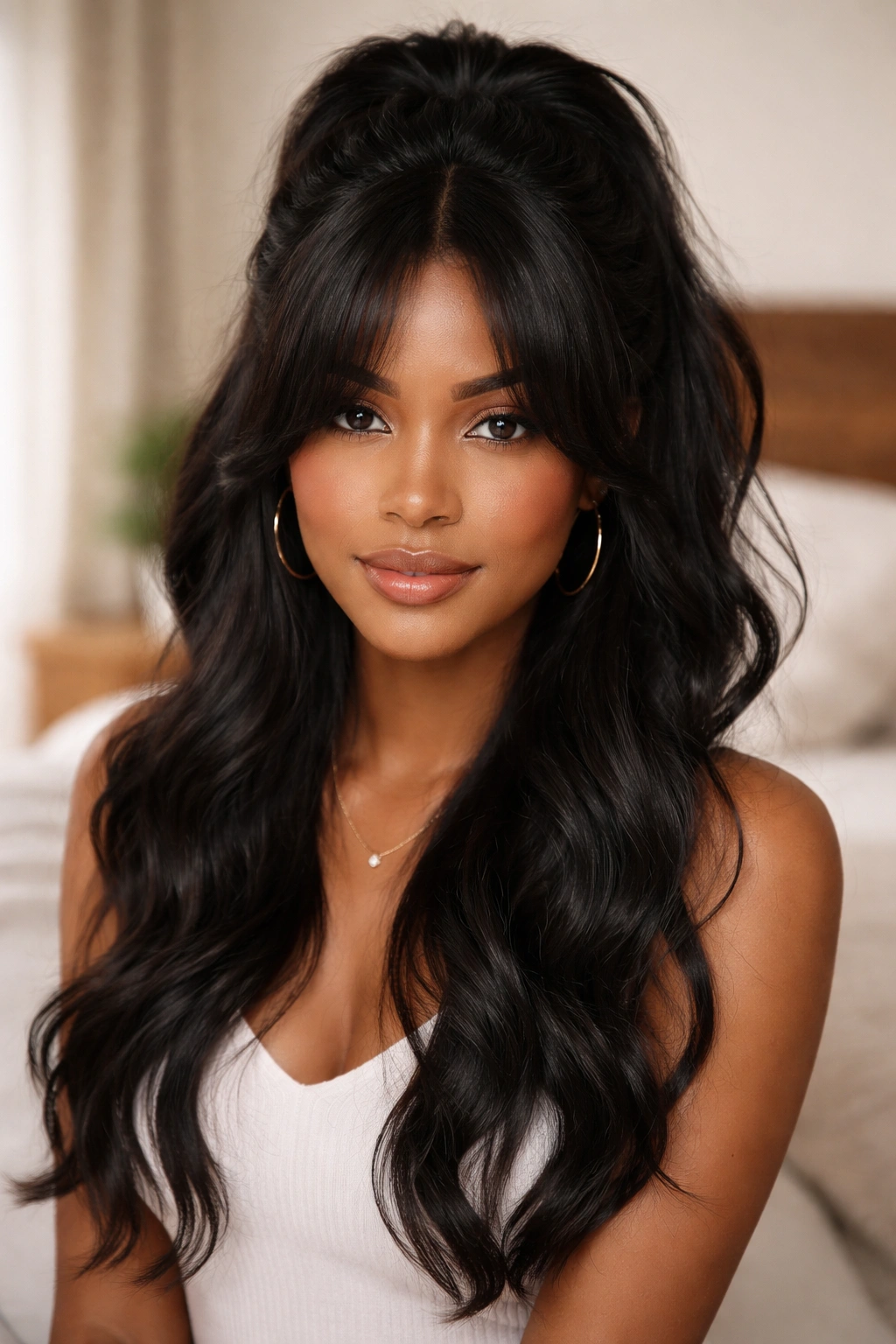 Close-up of a woman with half-up waves and a draped curtain fringe.