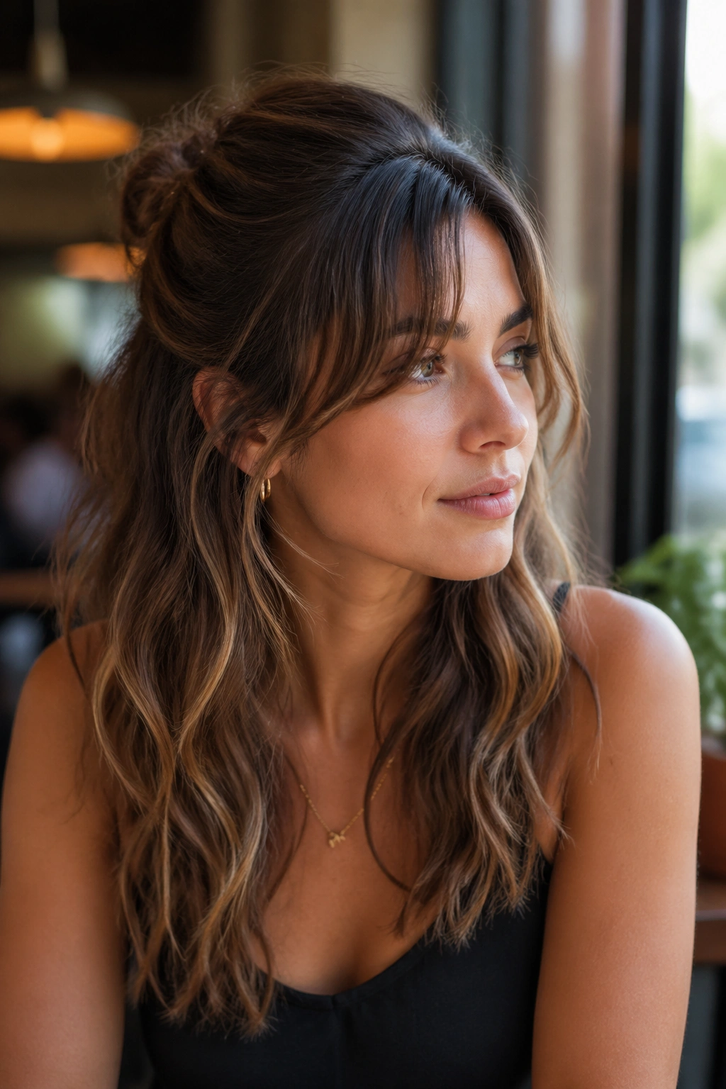 Close-up of a real woman with half-up waves and grown-out bangs
