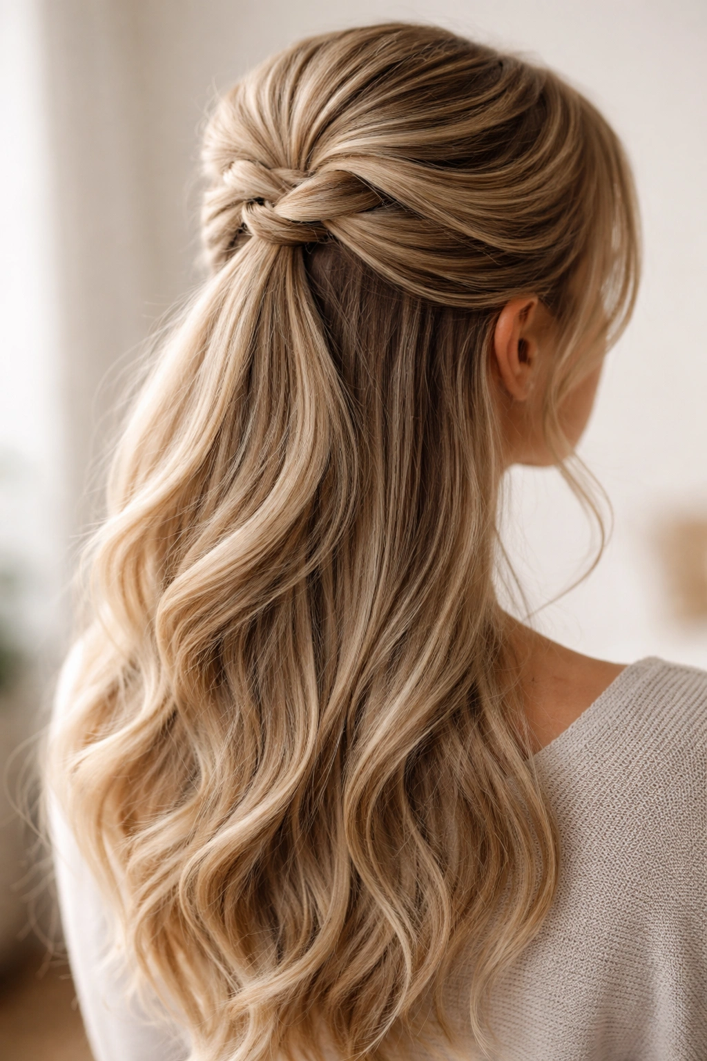 Close-up of half-up double weave ponytail with crown lift and loose hair