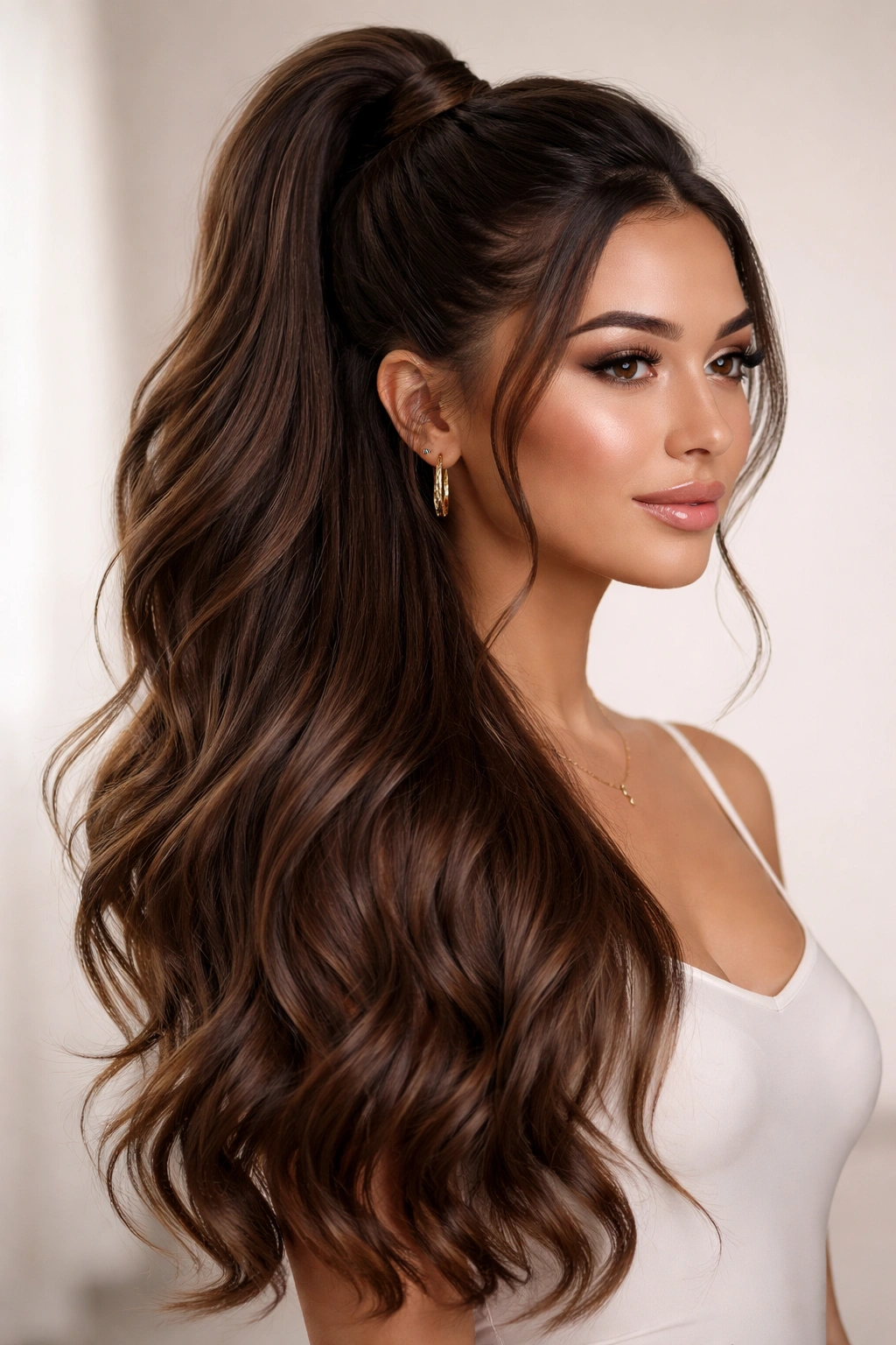 Half-up weave ponytail with top ponytail and loose lower hair.