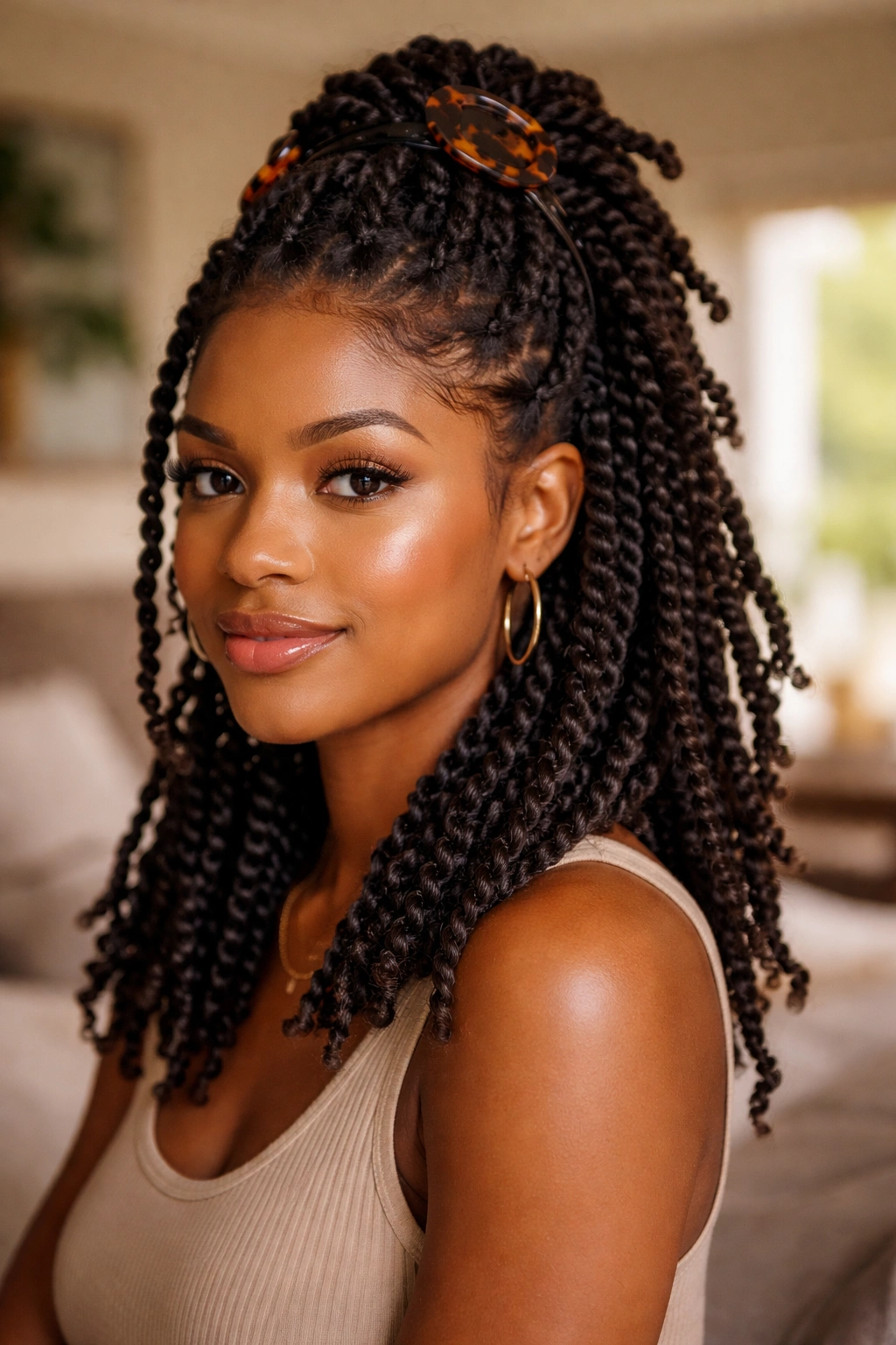 Close-up of a real woman with half-updo twists secured by claw clips