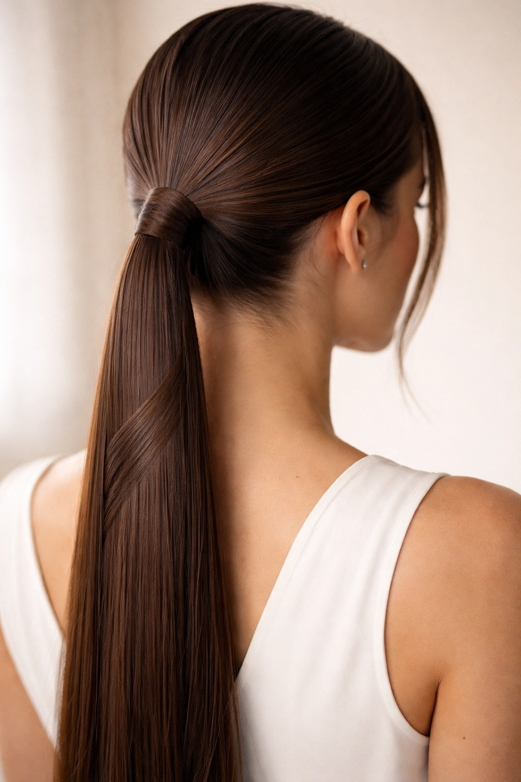 Close-up of a sleek half-wrapped ponytail on straight hair