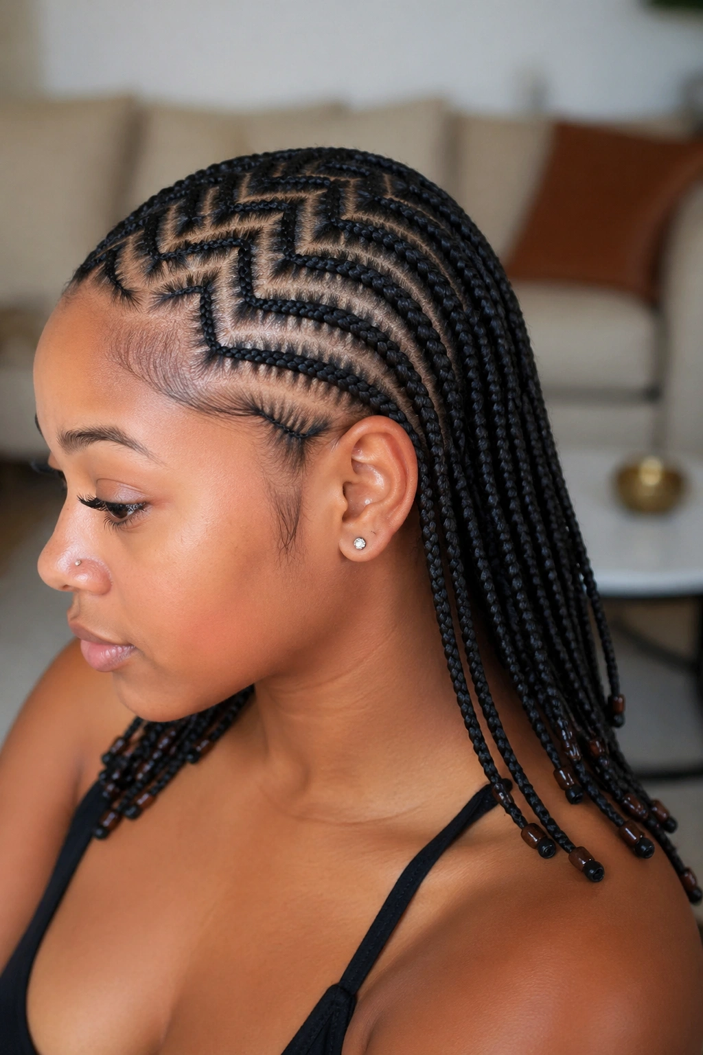 Close-up of a real person with front zigzag transitioning to straight back with single beads