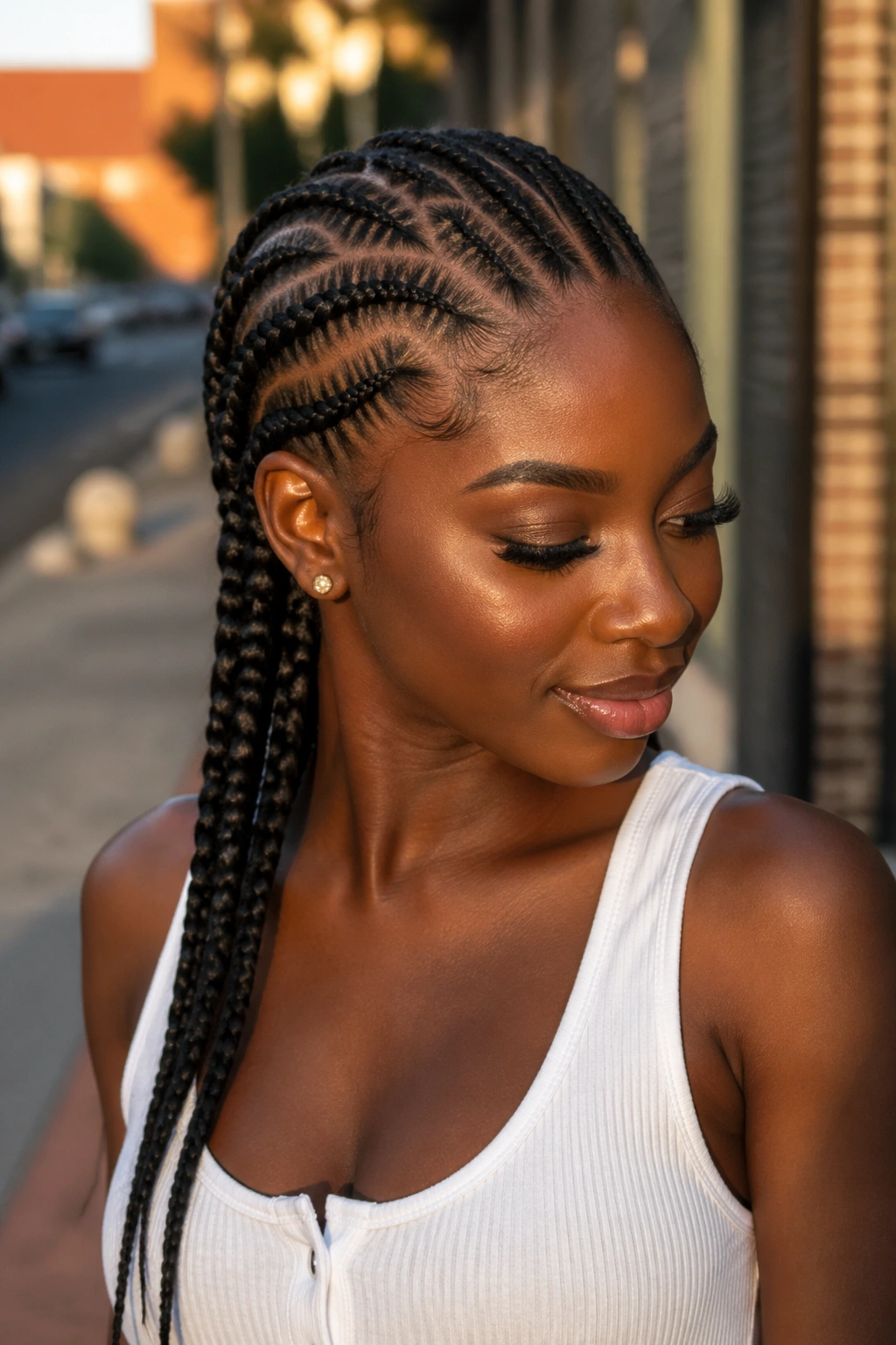 Portrait of a woman with half zigzag and half classic cornrows