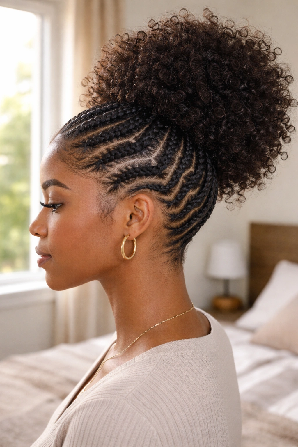 Half zigzag cornrows on bottom with fluffy curls on top on real person