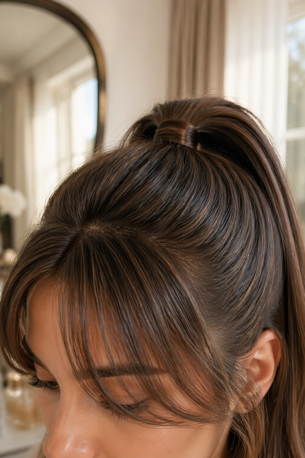 Close-up of sleek half-up ponytail with curtain bangs at vanity