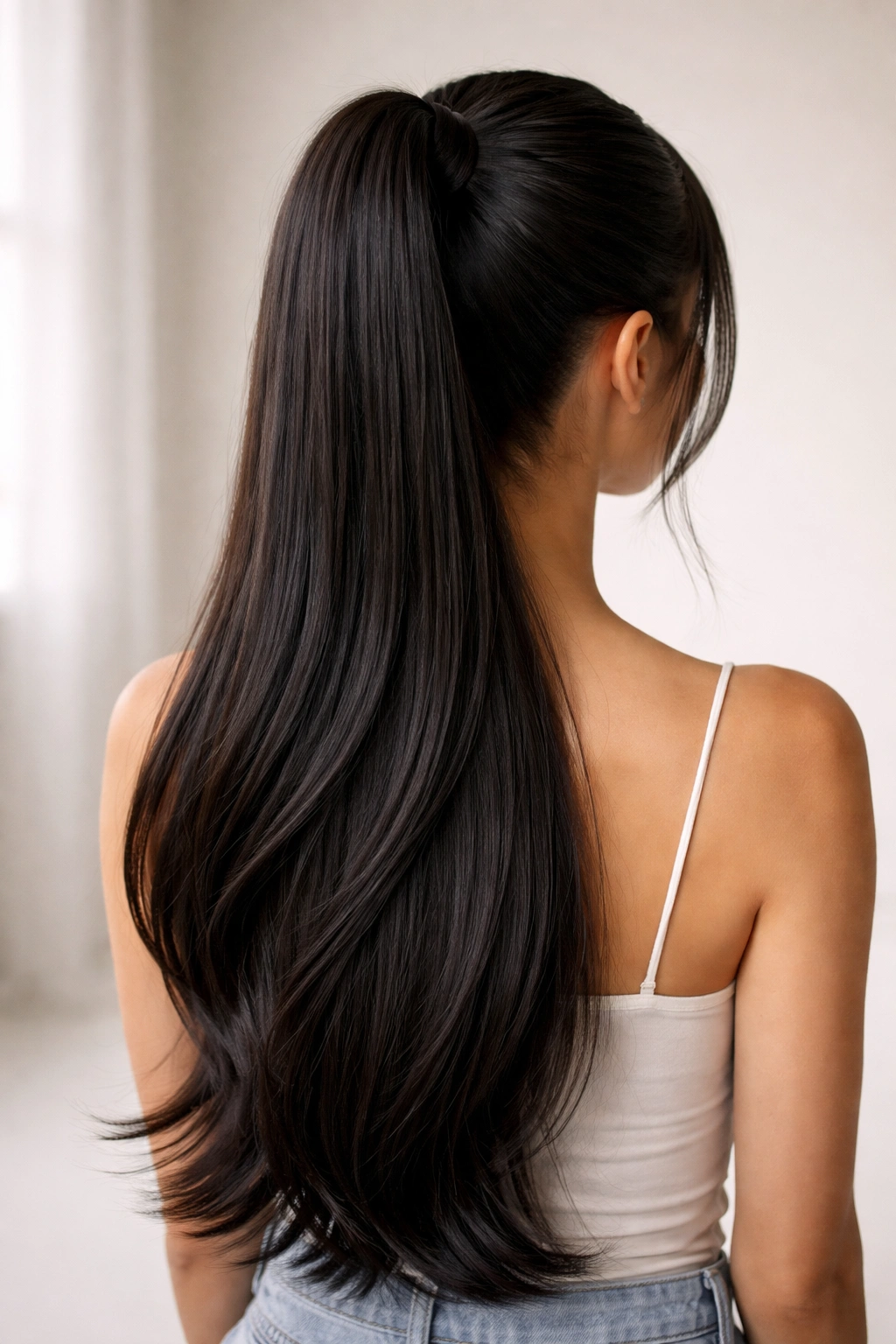 Half-up half-down pony with dense top and flowing bottom