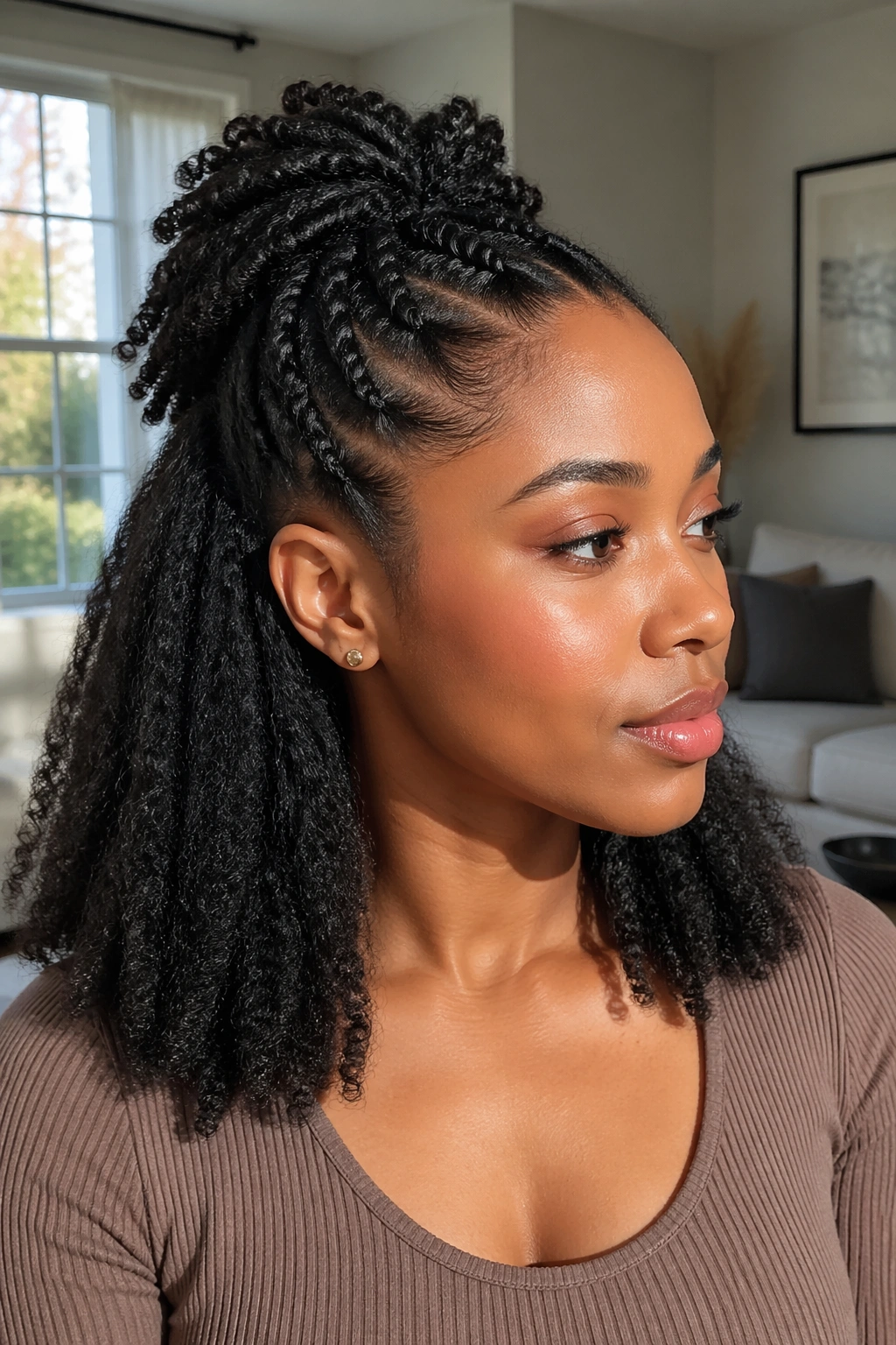 Close-up of a real woman with Half-Up Twist Ponytail showing top ponytail and loose lower section