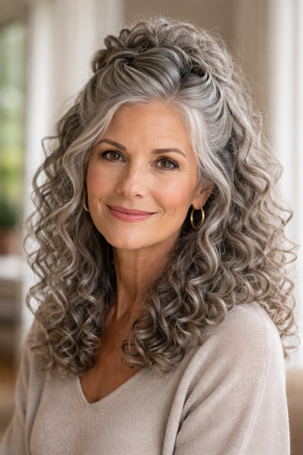 Close-up of grey curls in a half-up twist-out hairstyle on a real woman