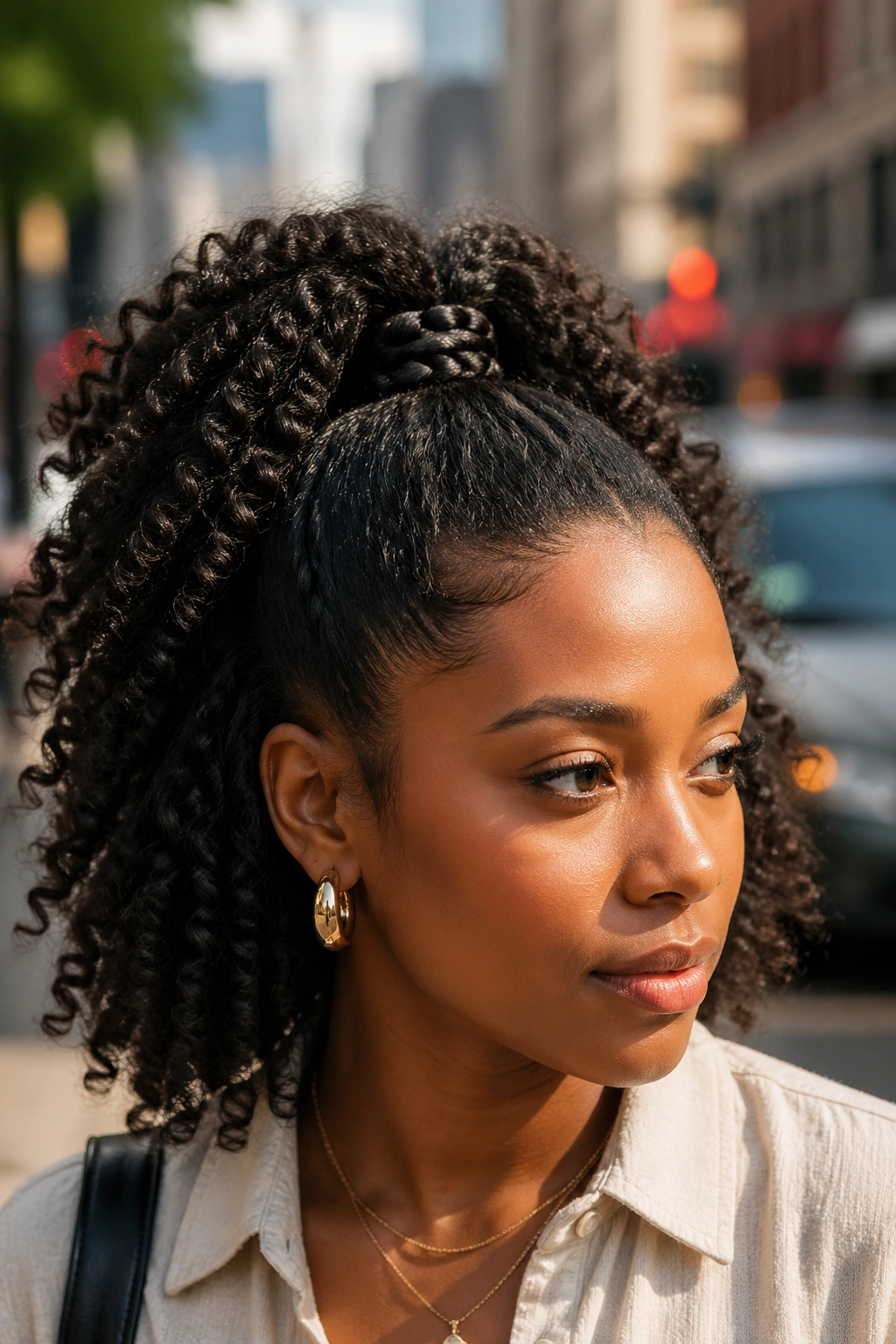 Close-up of real person with half-up ponytail wrapped with braid