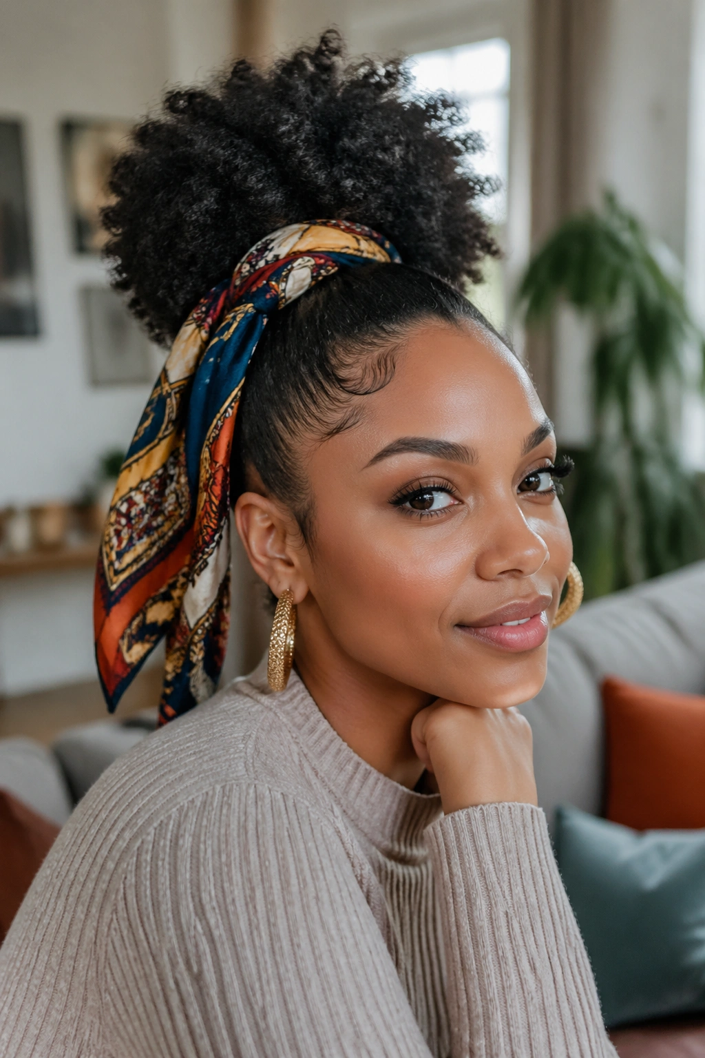 Close-up of real person with scarf-tied half-up puff hairstyle