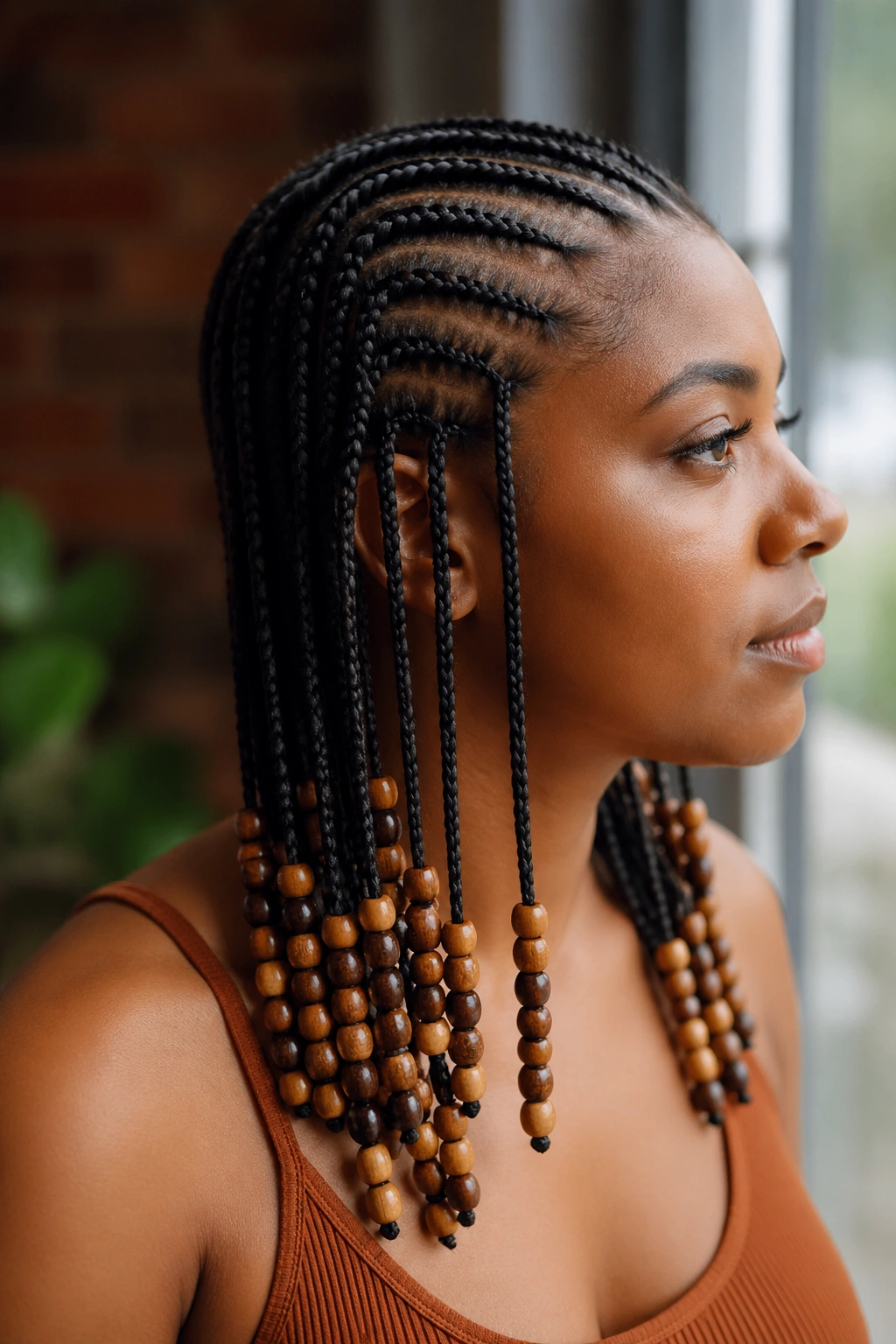 Medium close-up of real woman with halfway-beaded braids and jeweled fringe on lower portions