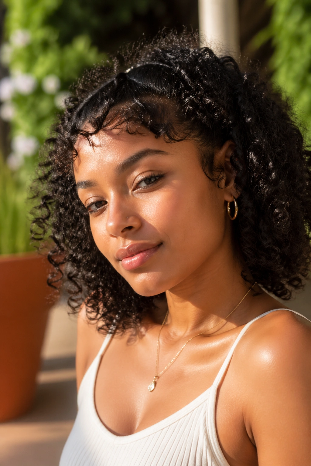 Portrait of a real person with natural halo bangs along the hairline in soft morning sun.