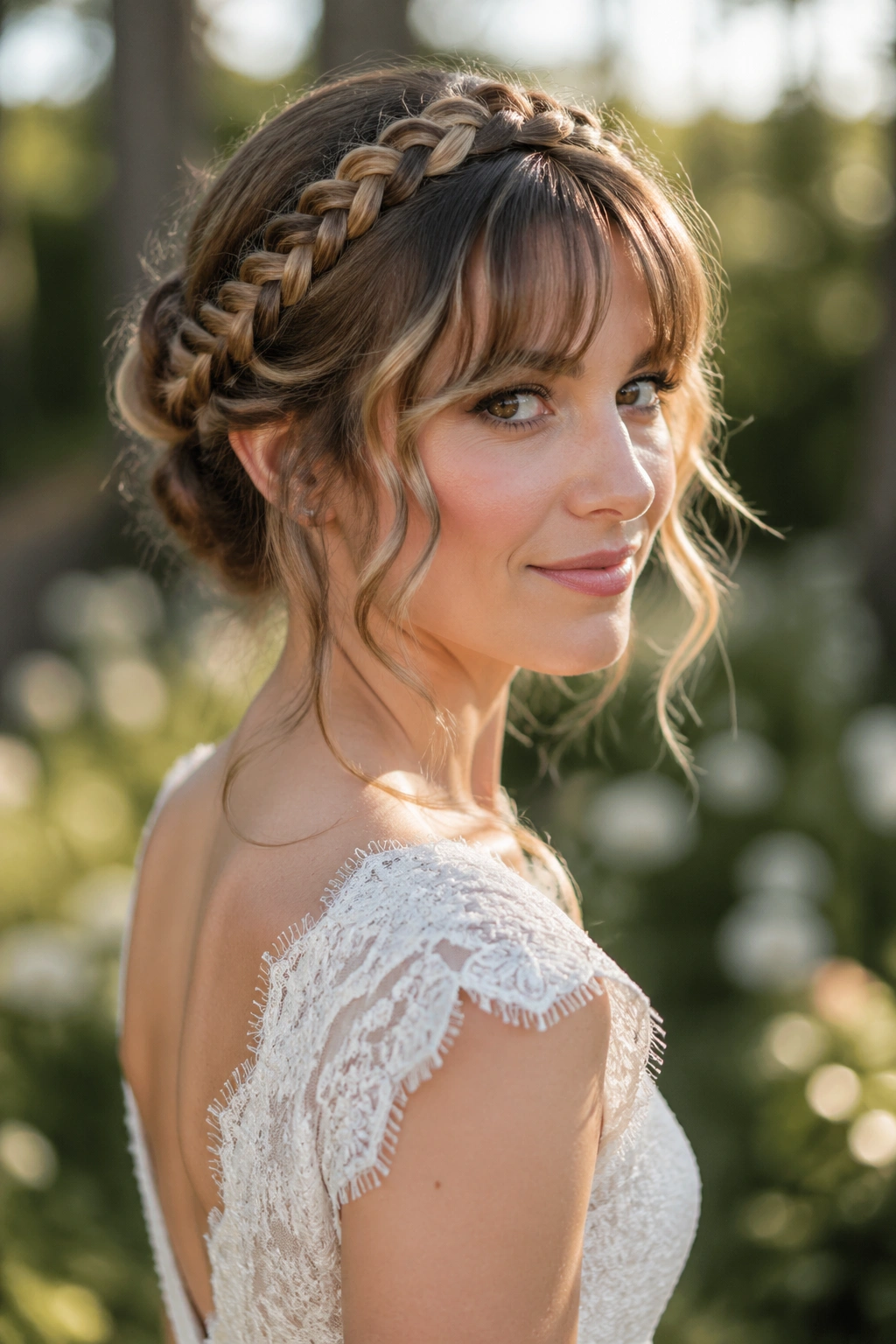 Bride with bangs woven into a halo braid in garden setting