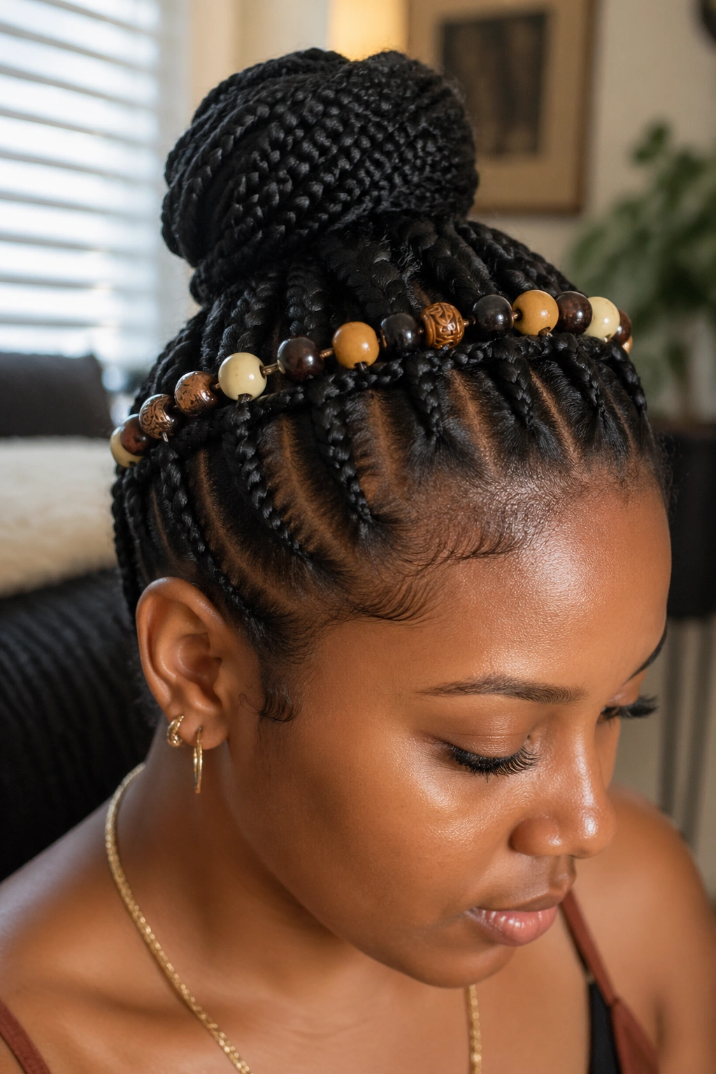 Close-up of halo stitch around a top bun with mixed beads on a real person