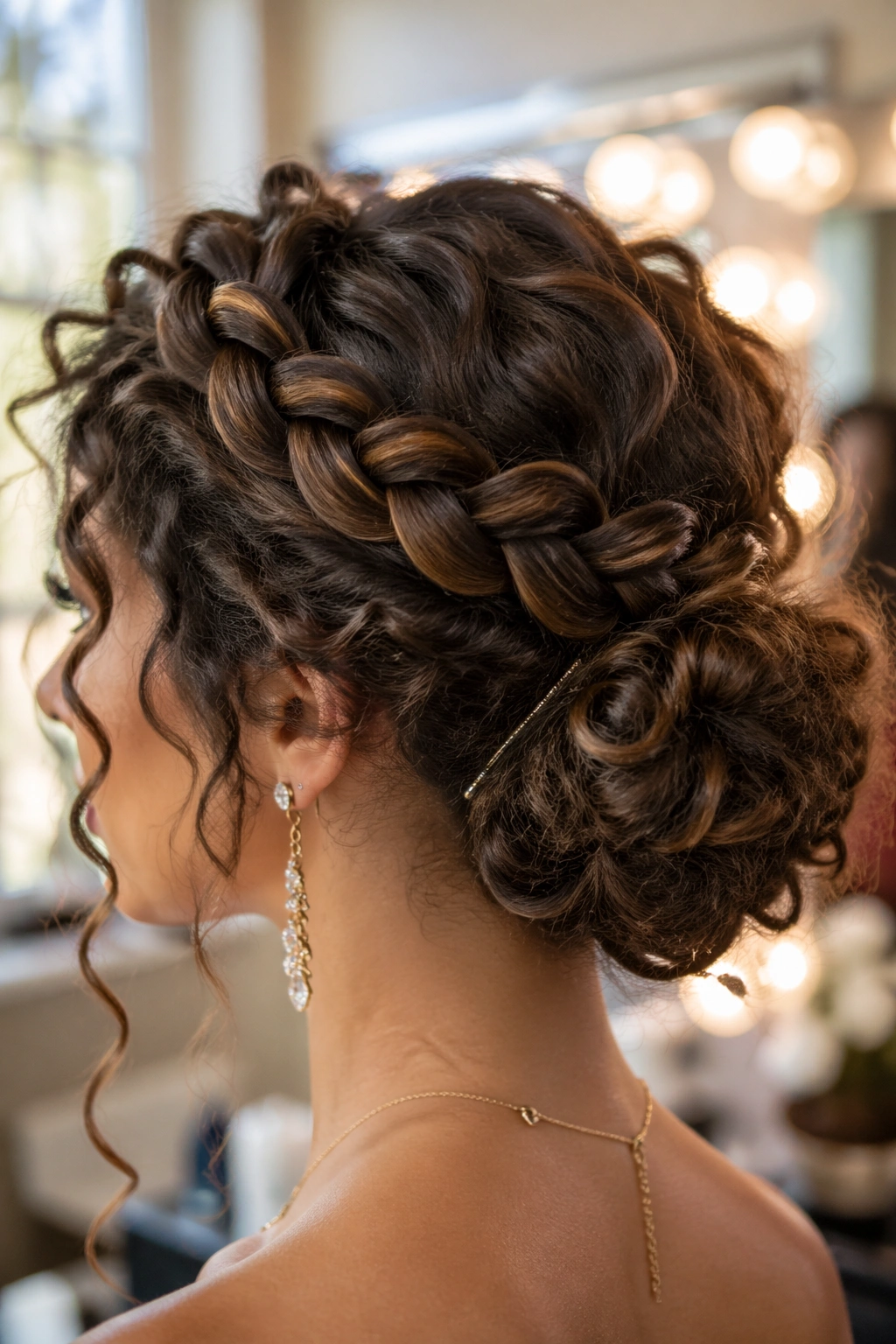 Close-up of halo braid forming a soft bun on curly hair.