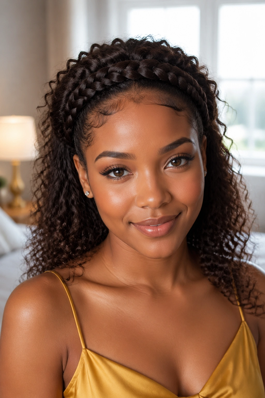 Close-up of a woman with a halo braid and loose back hair, front view.