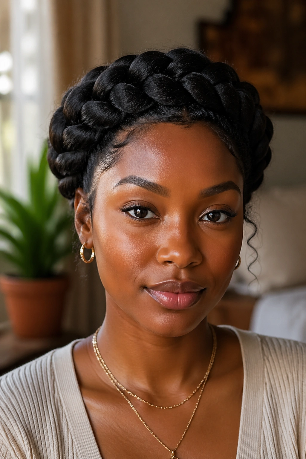 Close-up of a real Black woman with a halo braid crown framing her face