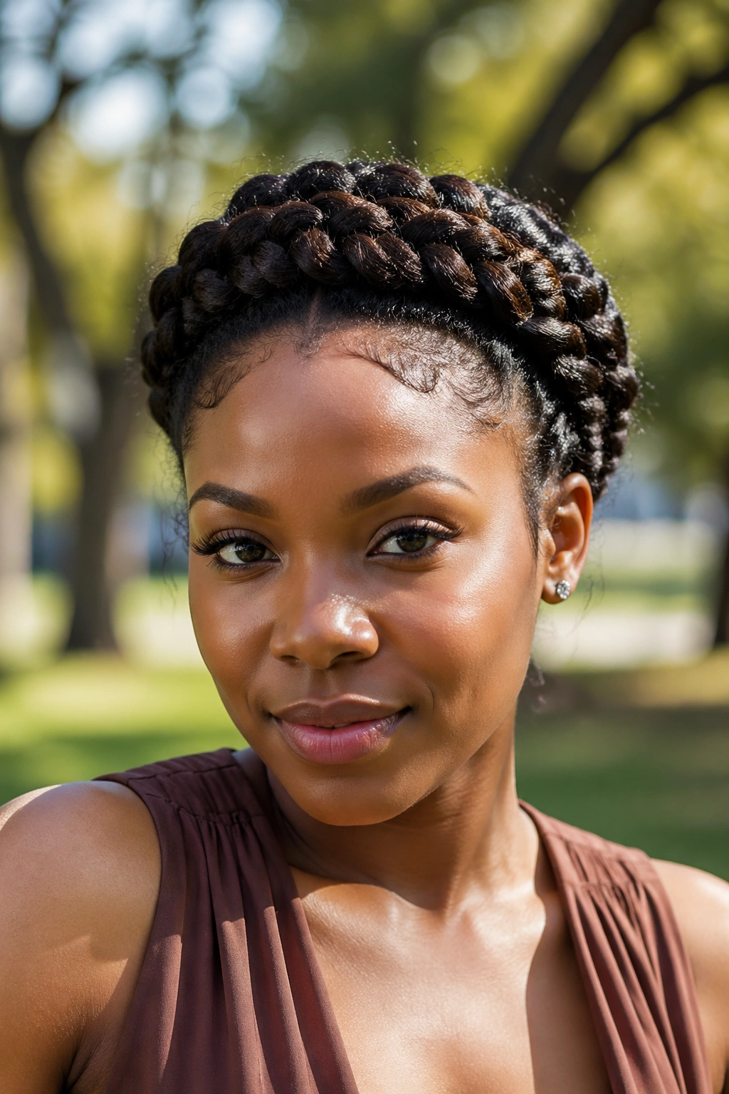 Close-up of halo braid around the head in an outdoor park setting