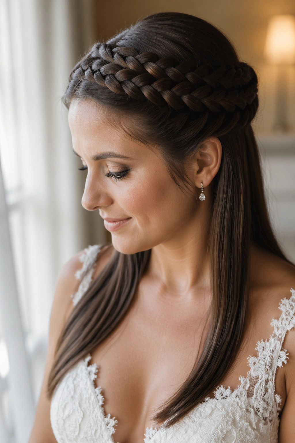 Close-up of halo braid crown with sleek lengths on a real bride