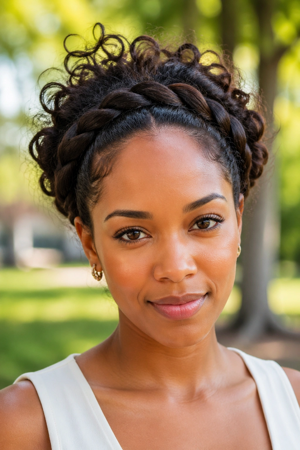 Close-up of a real woman wearing halo braid crown outdoors