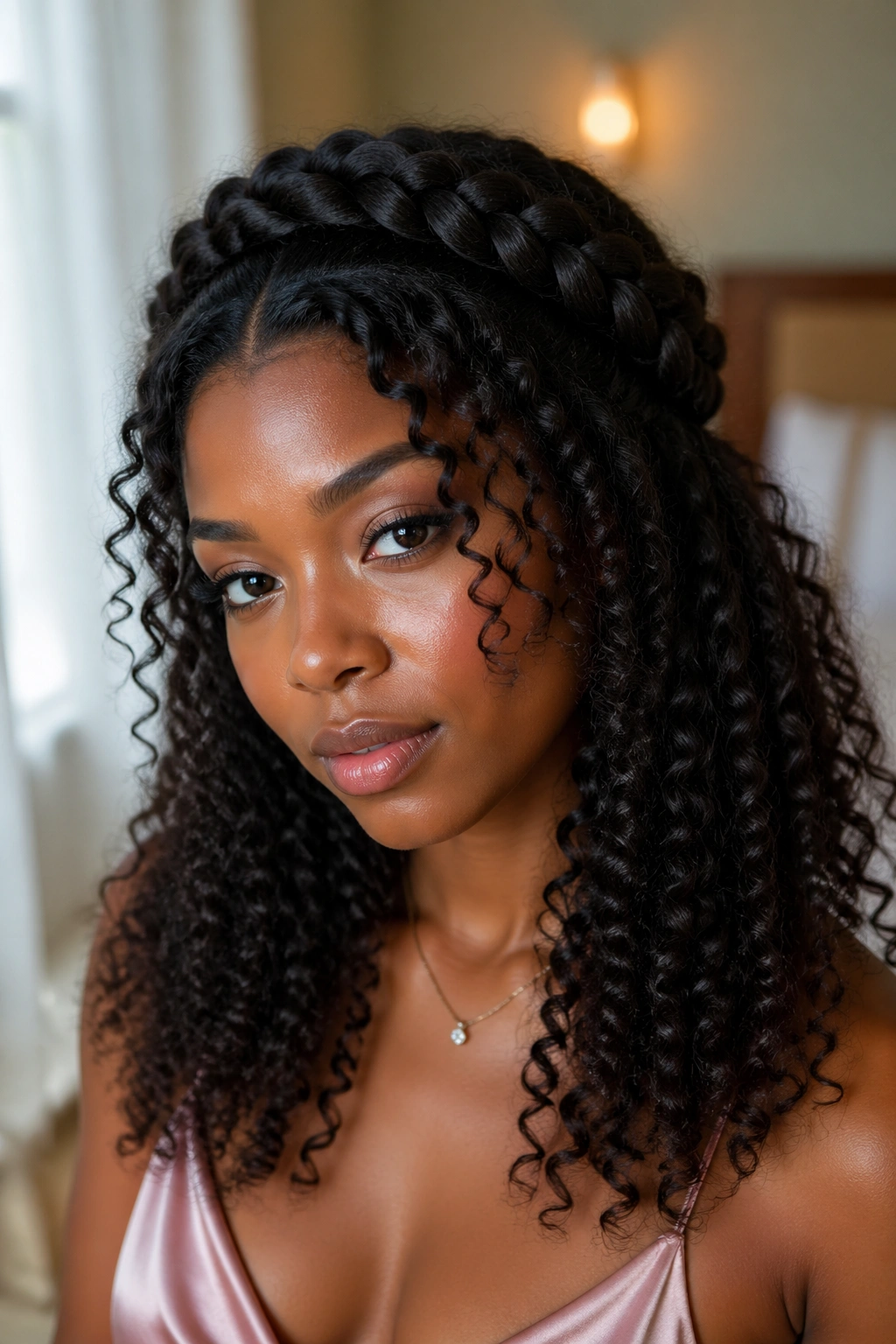 Close-up of a Black woman with a halo braid and free-flowing curls.