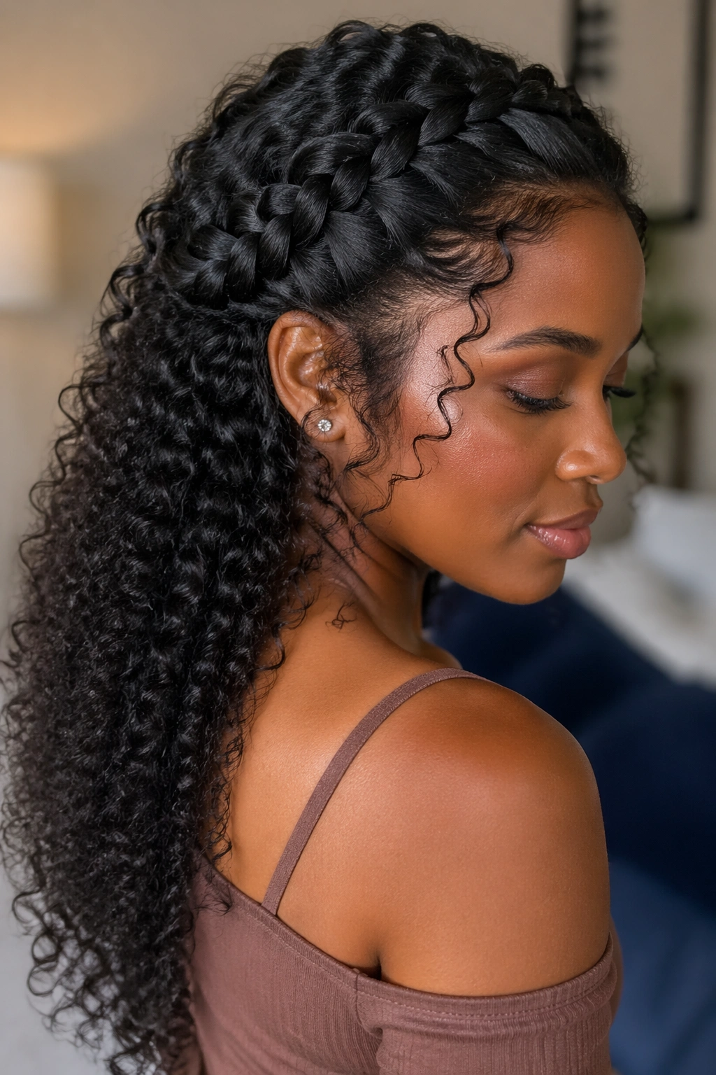Close-up of a real woman with halo braid and curls falling down the back