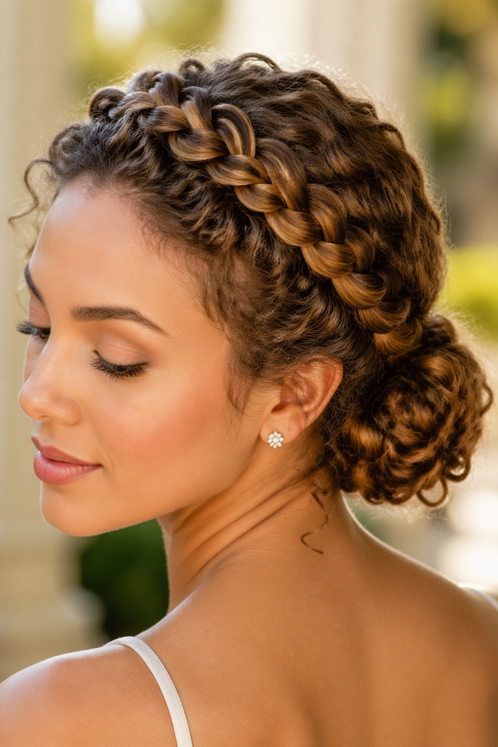 Close-up of a real person with halo braid framing the head and a curly bun at the nape
