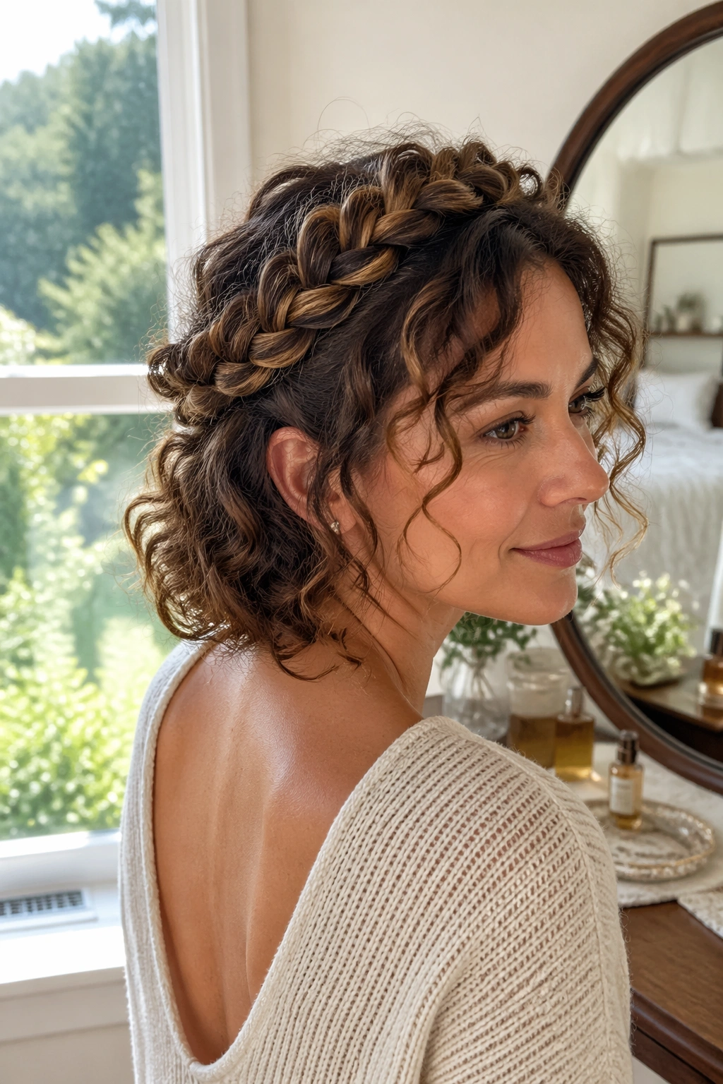 Halo braid wraps curls around the head with tucked ends and soft face-framing strands.