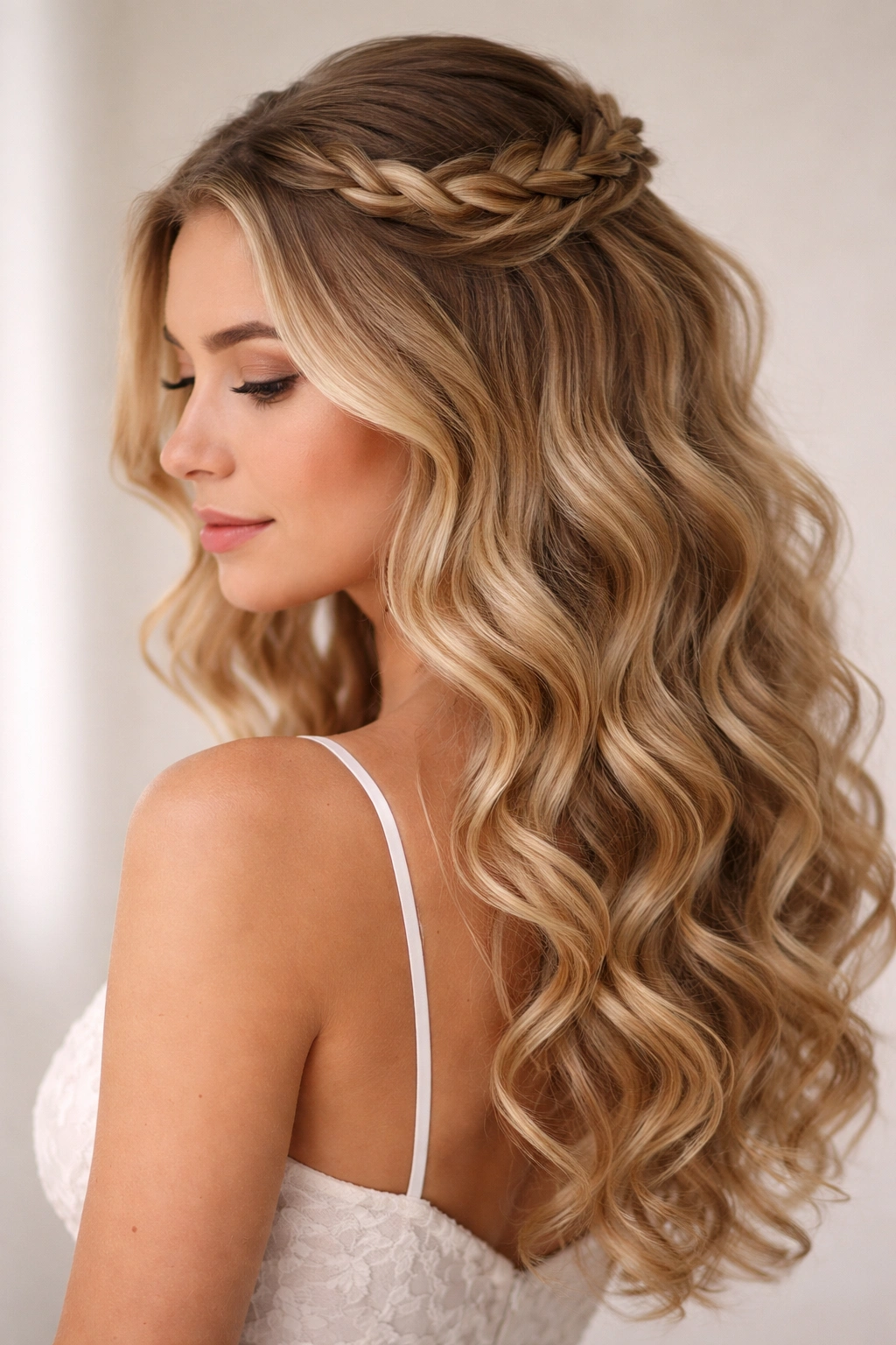 Soft halo braid resting on loose curls in a half-up style