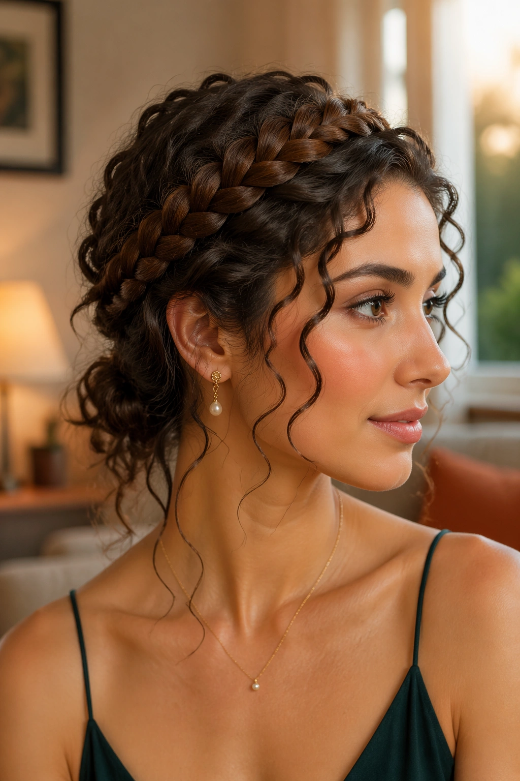 Close-up portrait of a real woman with halo braid and loose curls for a cocktail-ready look.