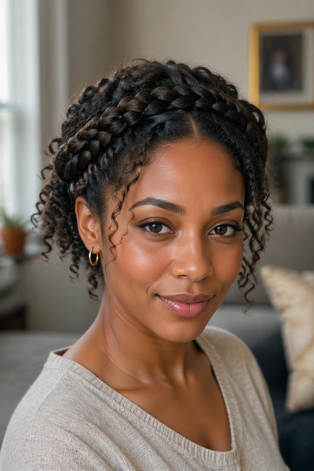 Portrait of a real woman wearing a halo braid with curly ends for a graceful workplace look.