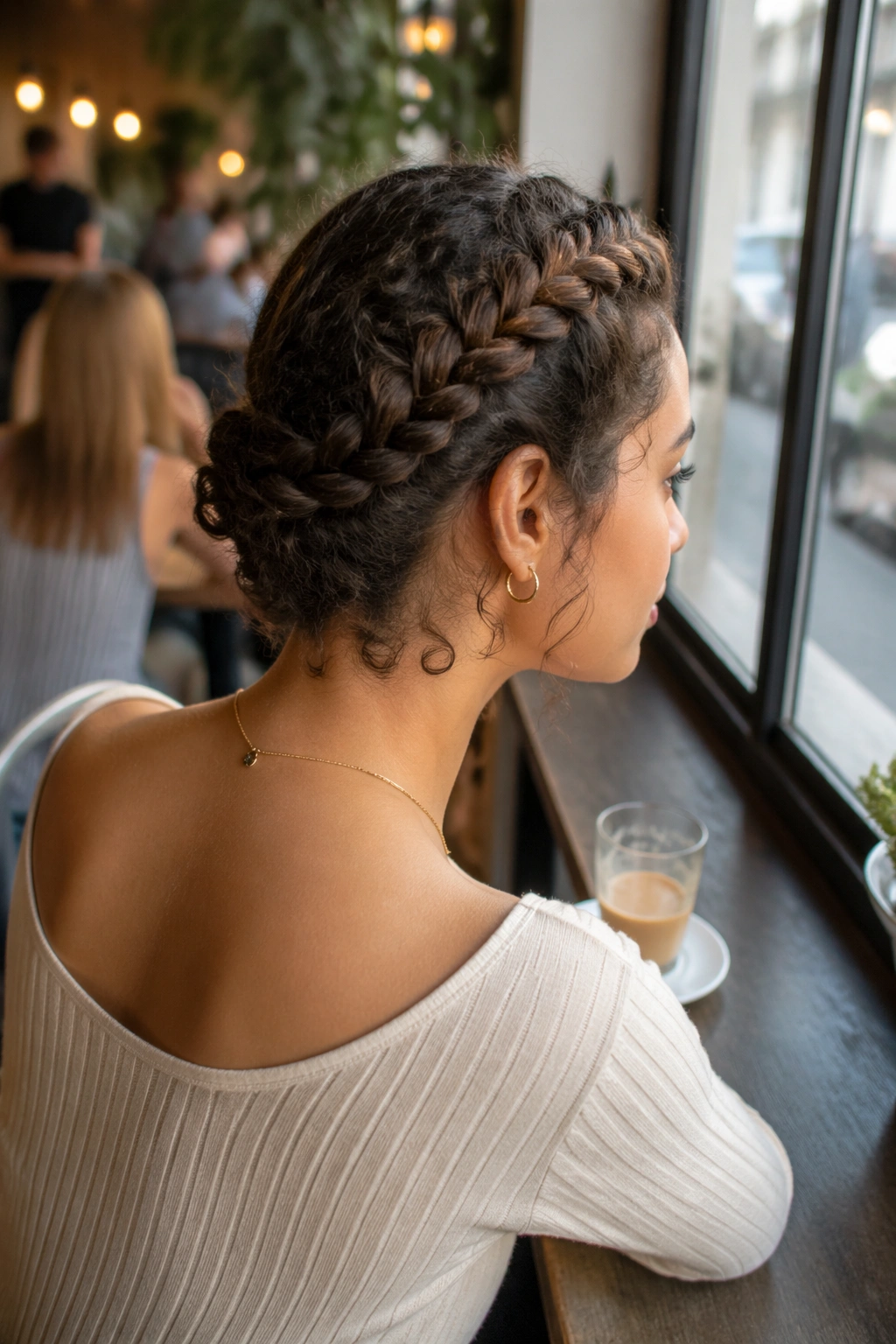 Halo braid with curly nape seen in a cafe window light