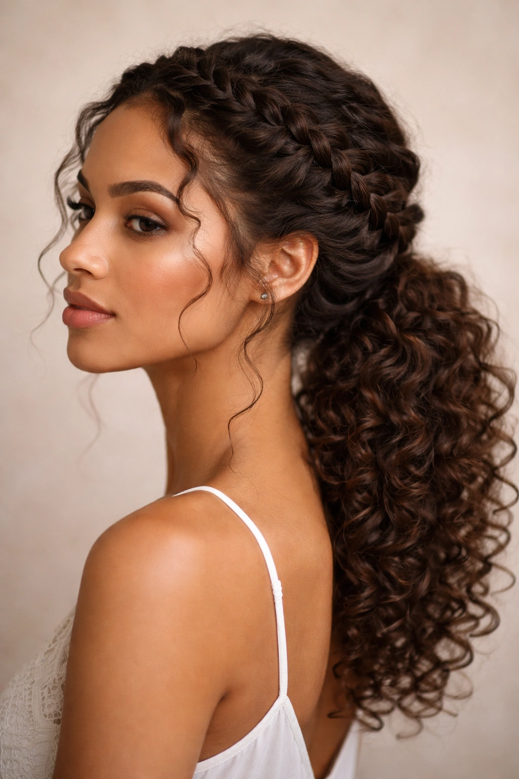 Soft halo braid with curly tail at the nape, boho hairstyle