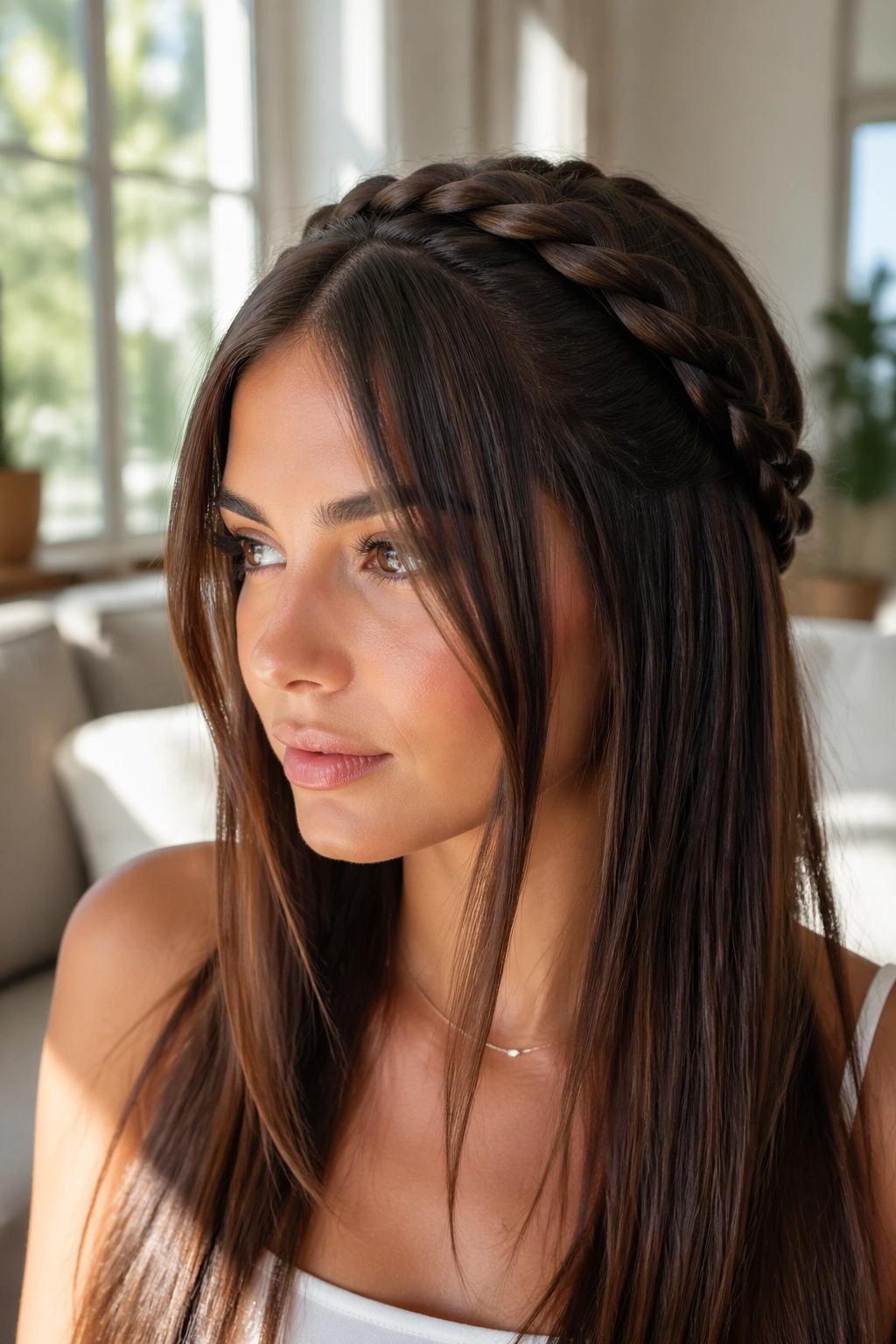 Halo braid around the top of the head with curtain-length hair