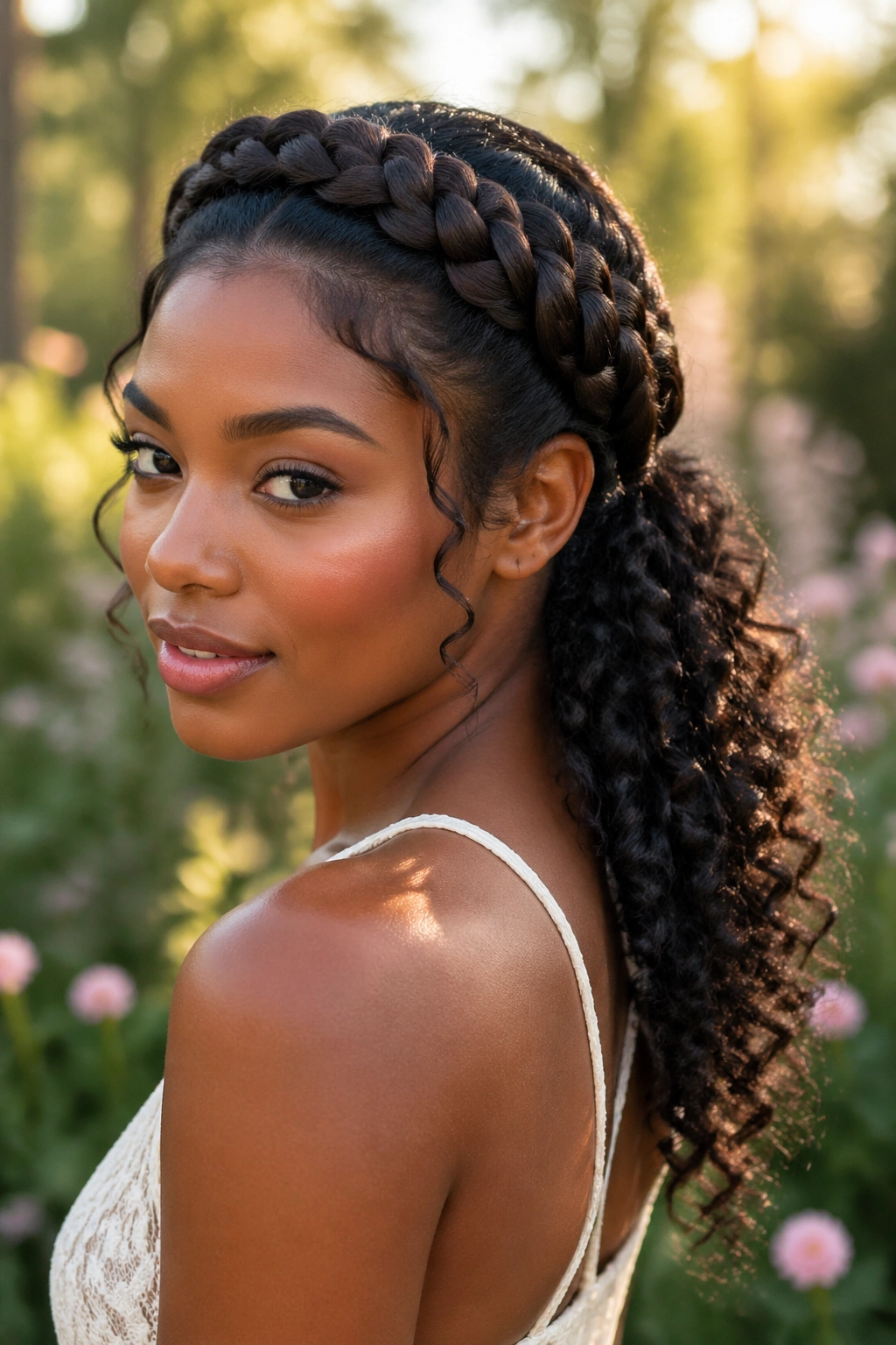 Portrait of a real person with a halo braid and free curls at the back