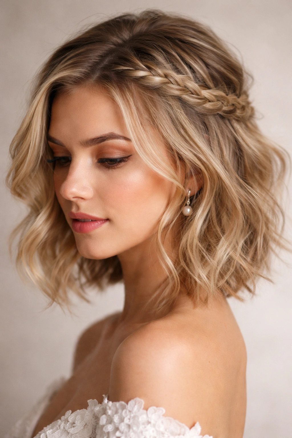 Close-up of a textured lob with a loose partial halo braid.