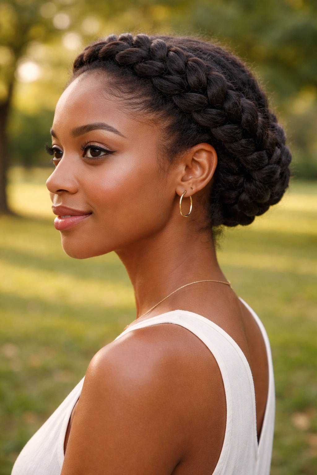 Real woman with halo braid crown in natural outdoor light.