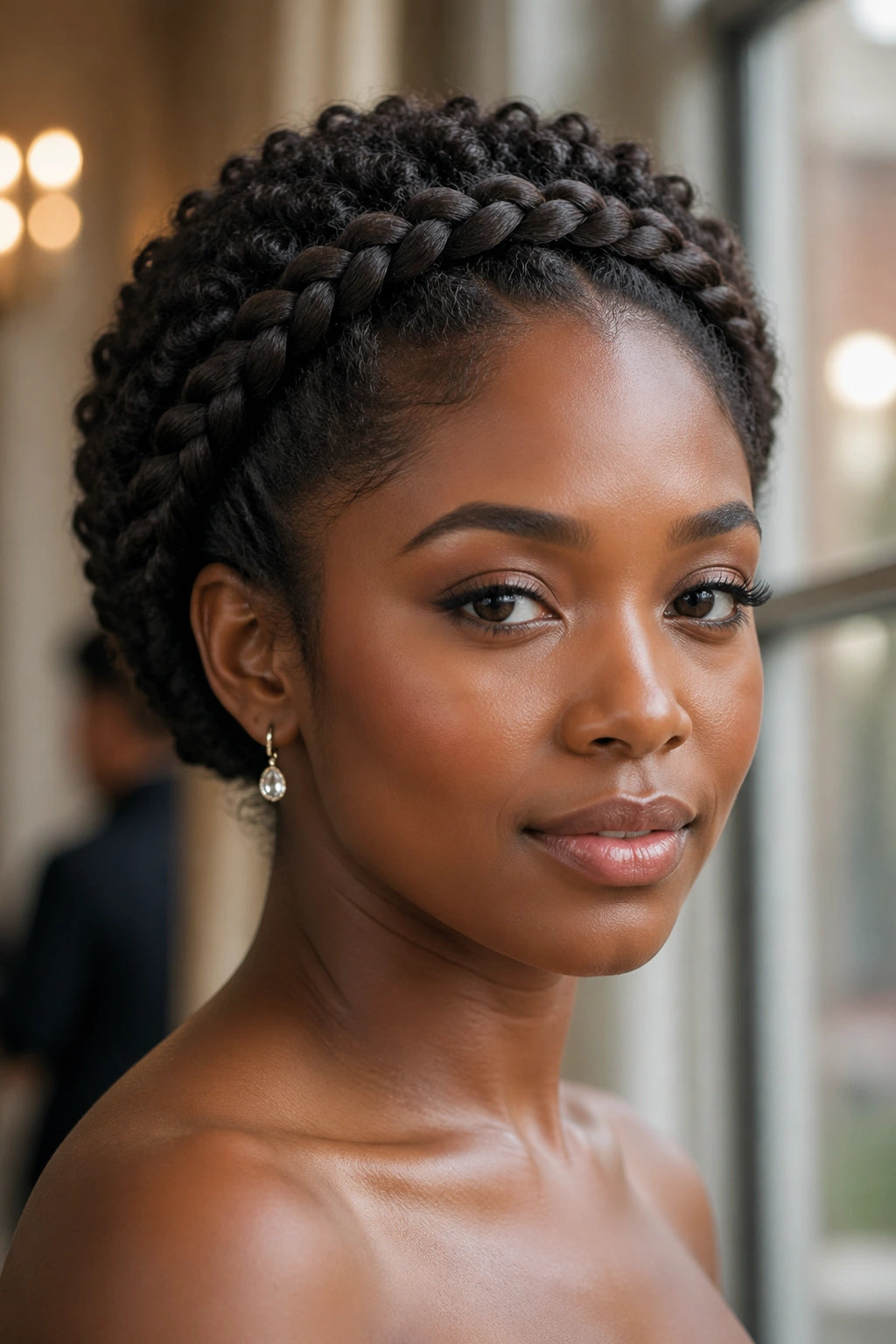 Close-up of a woman with a halo braid around the hairline framing the face.