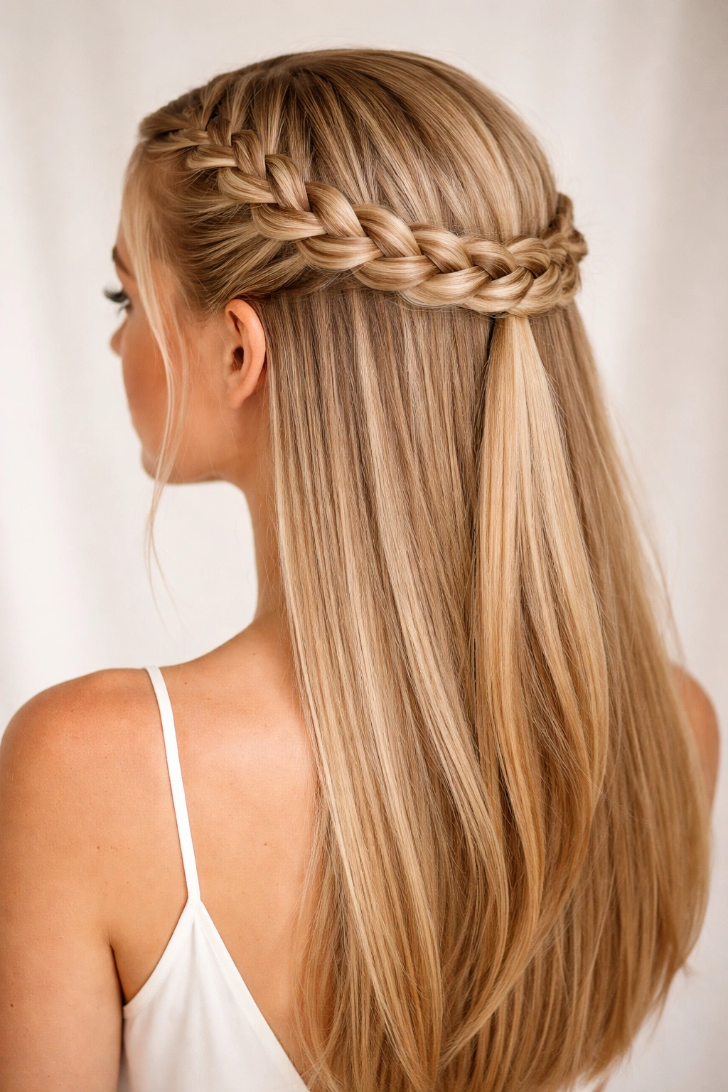 Halo braid encircling head with half-up component on straight hair