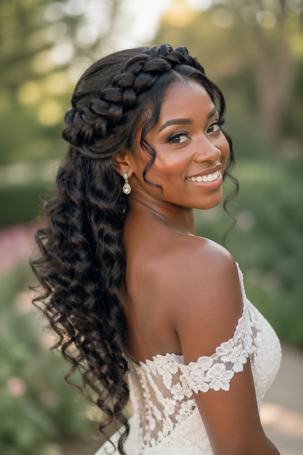 Real bride wearing halo braid half-up with loose curls