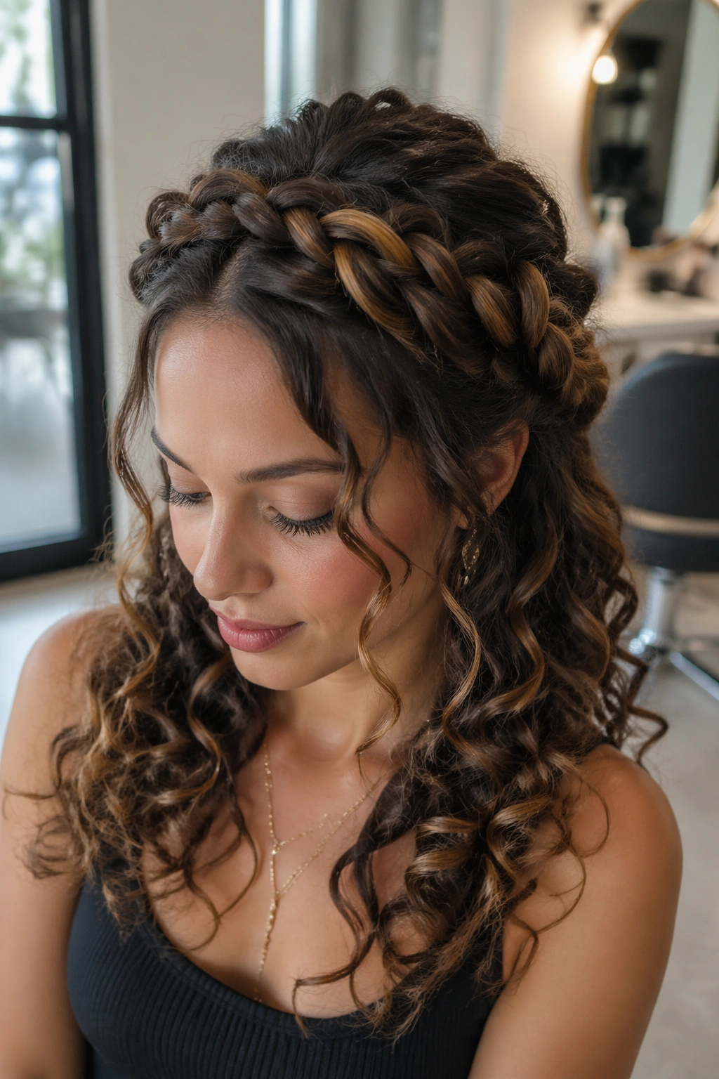Close-up of a real woman with a halo braid crown and loose curls below.