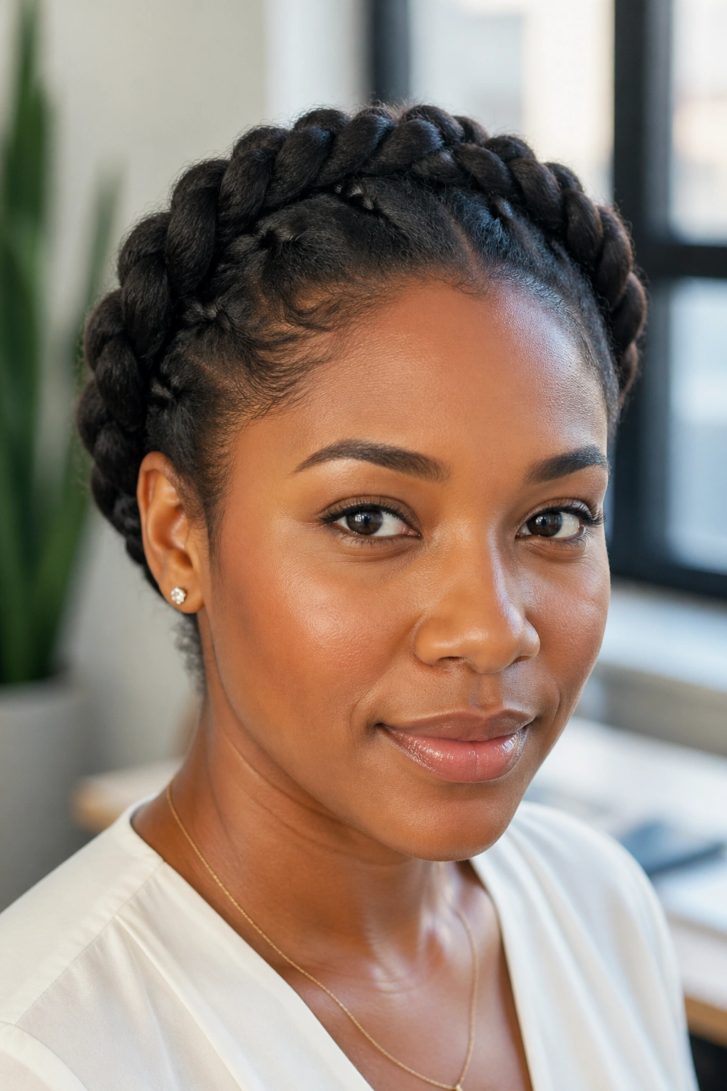 Real person wearing a halo braid in an office setting