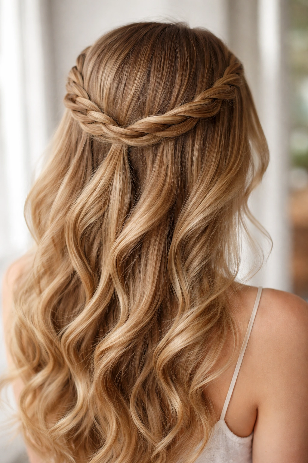 Close-up of twisted halo braid with lift at roots around the crown.