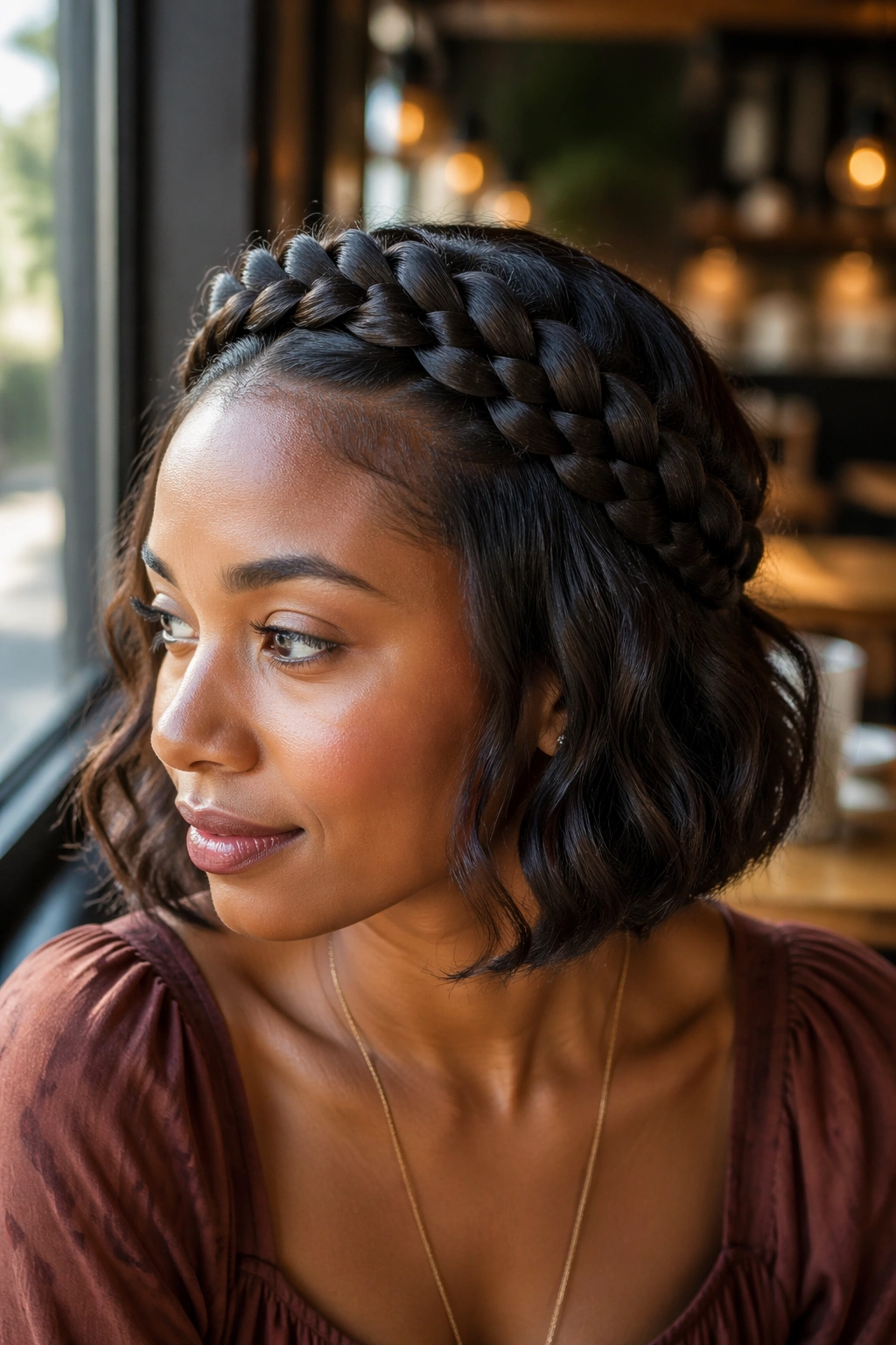Close-up portrait of a real woman with halo braid over a loose bob in cafe window light