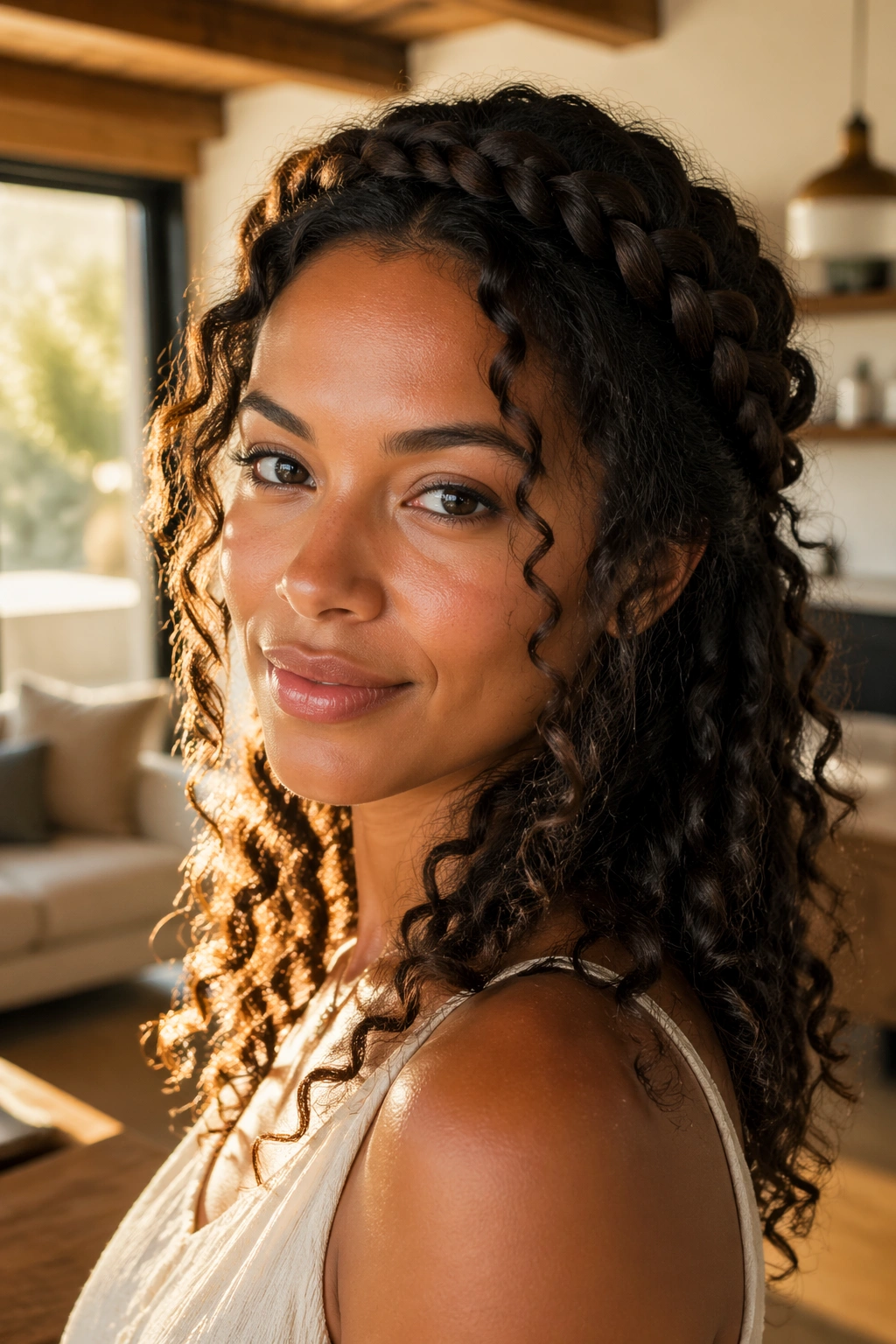 Real woman wearing halo braid with loose ends and curls