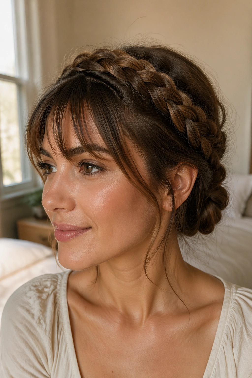 Close-up portrait of a real woman with halo braid forming a low knot and open bangs
